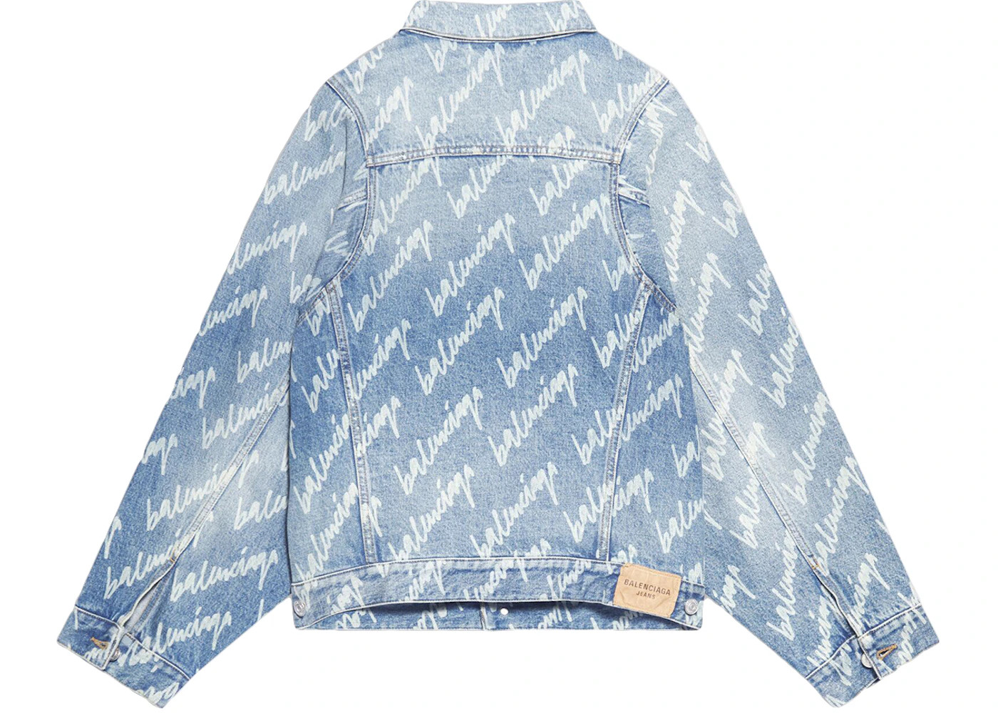 Balenciaga Womens All Over Logo Bell Sleeve Large Fit Denim Jacket Indigo/White - 2