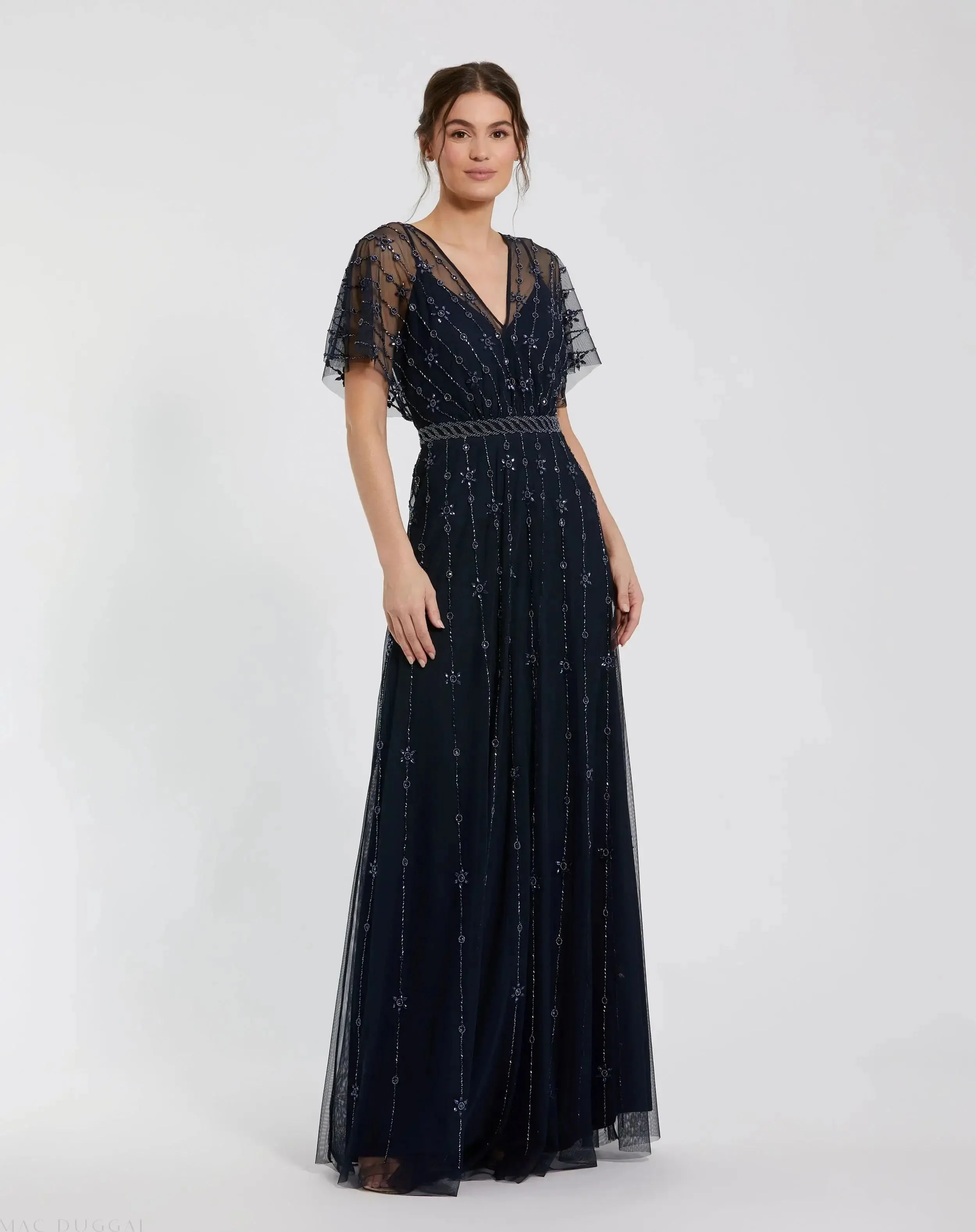 Navy V Neck Embellished Flutter Sleeve A Line Gown - 1