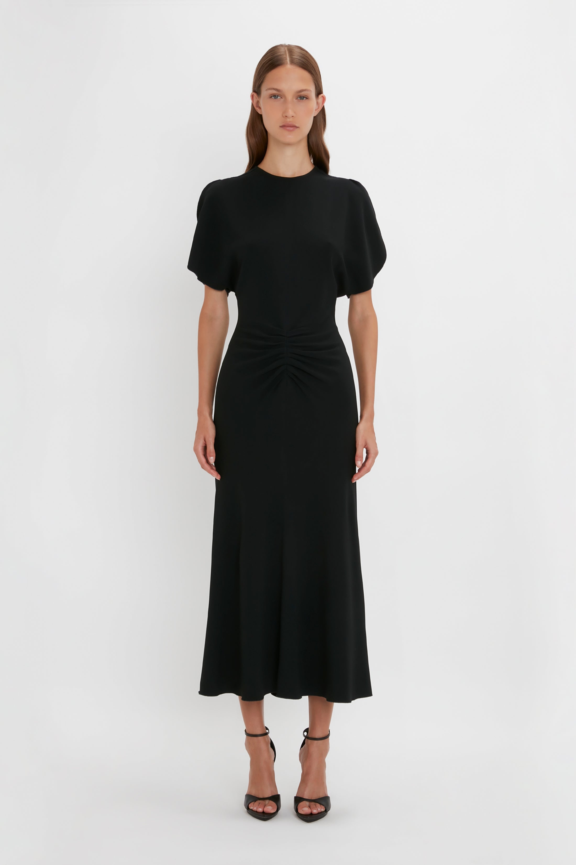 Gathered Waist Midi Dress In Black - 2