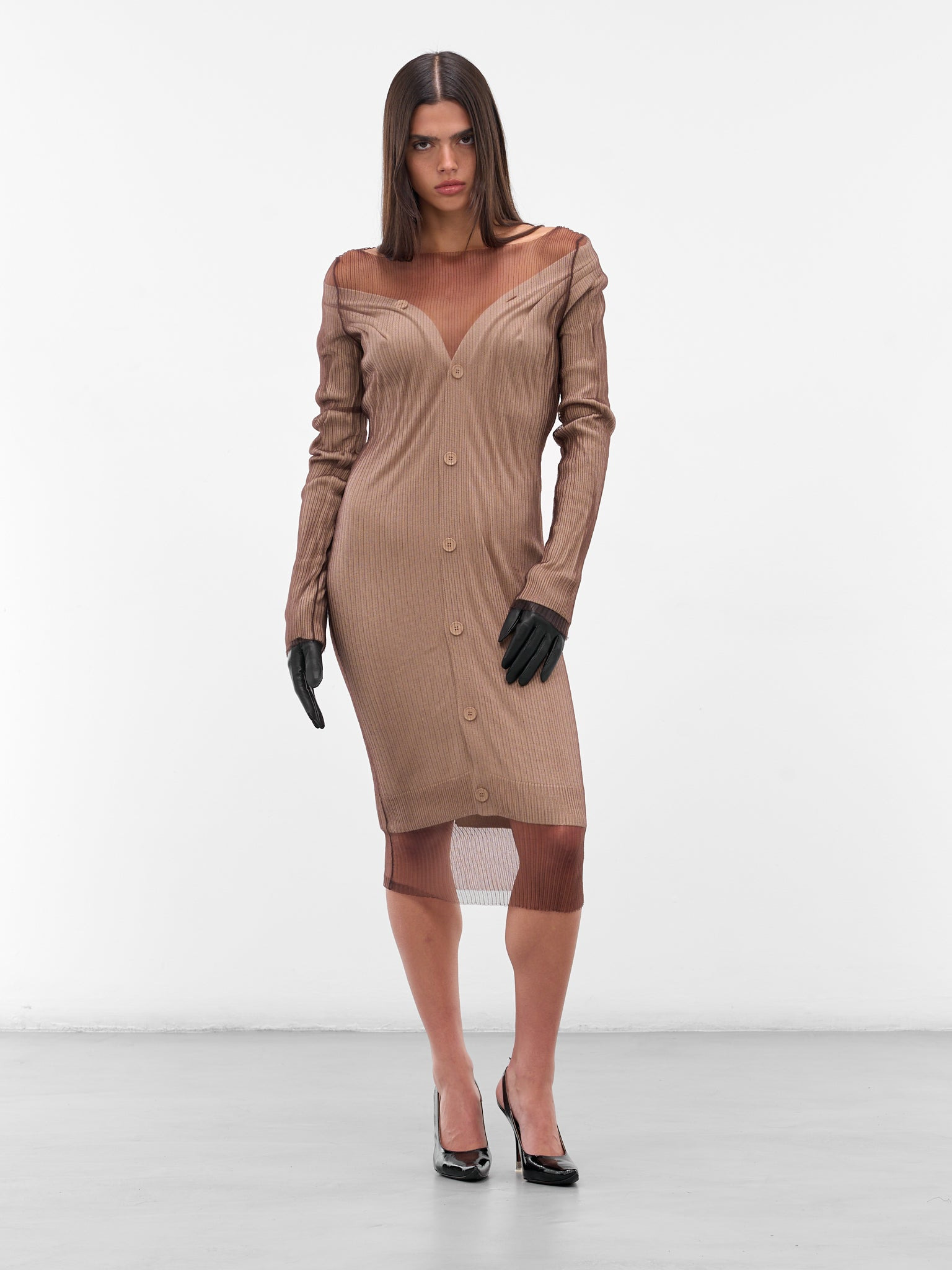 Brown Ribbed Overlay Midi Dress - 6