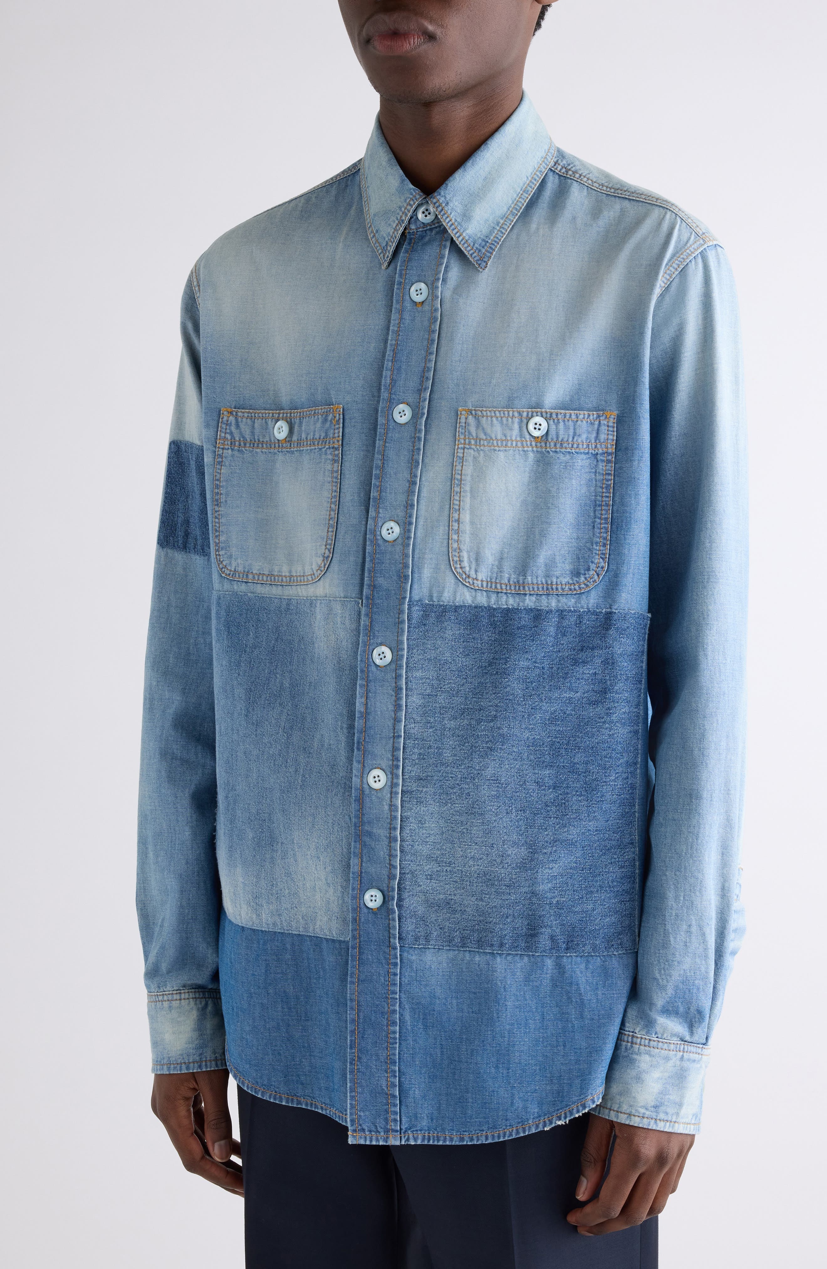 Givenchy Rip & Repair Cotton Chambray Button-Up Shirt in Light Blue at Nordstrom - 4