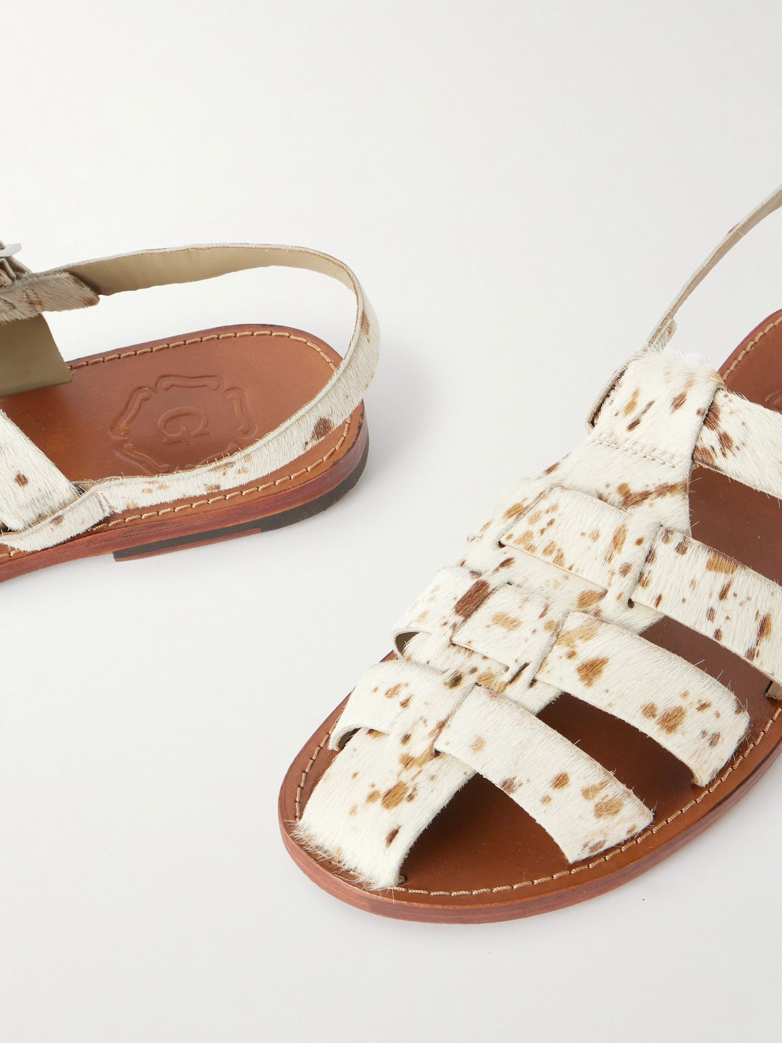 Quincy Cow-Print Calf Hair Fisherman Sandals White - 4