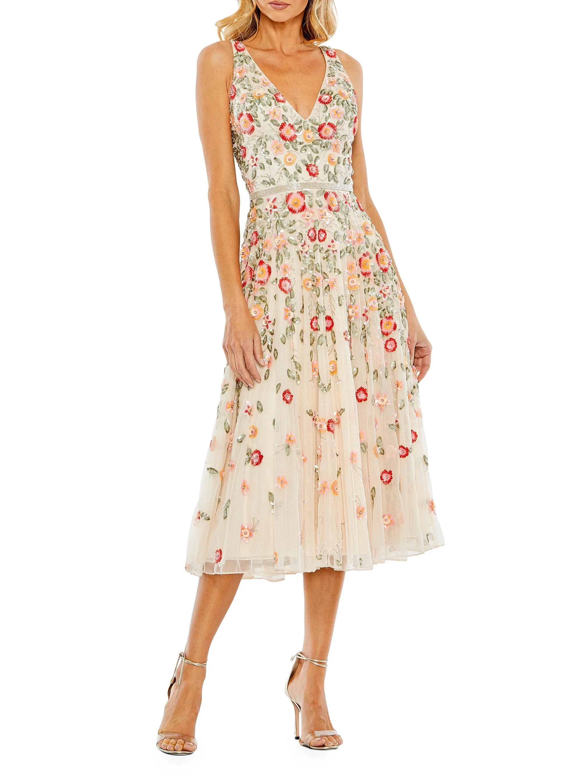 Women's Cocktail Floral Embroidered V-Neck Midi-Dress - White Multi - 1