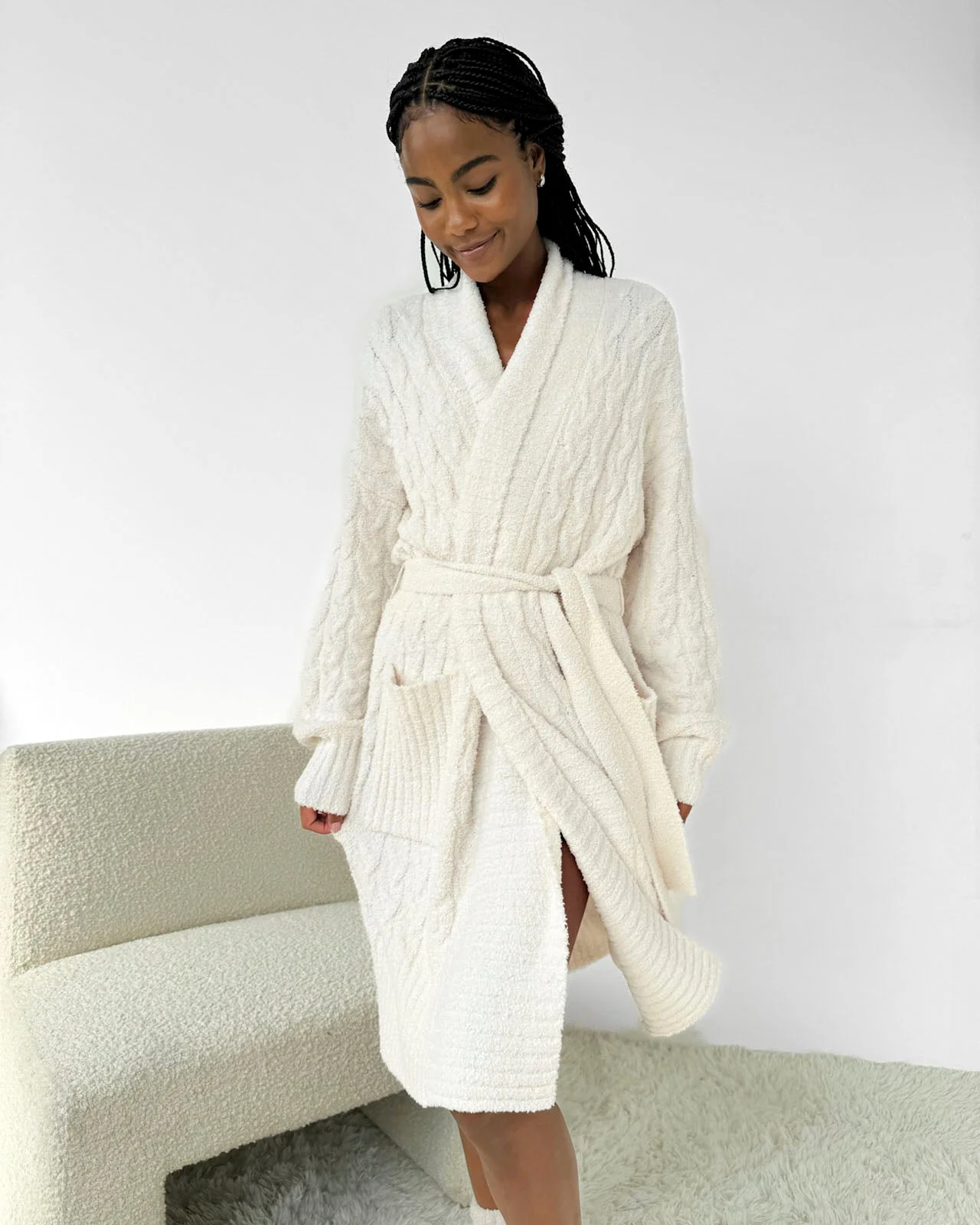 Ivory Cozy Fuzzy PJ Cable Robe - 1