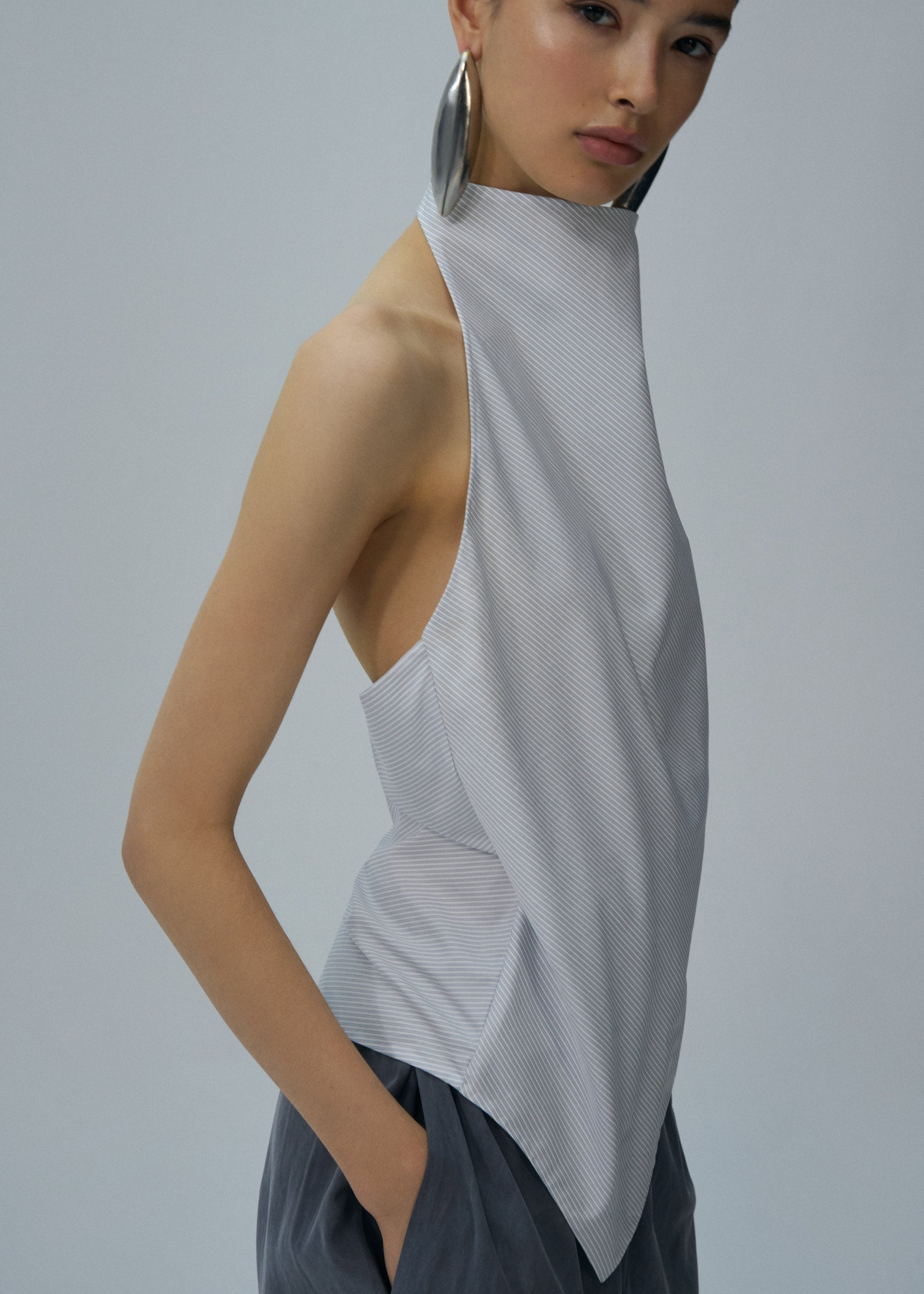 Silk high neck balloon top in grey stripes - 3