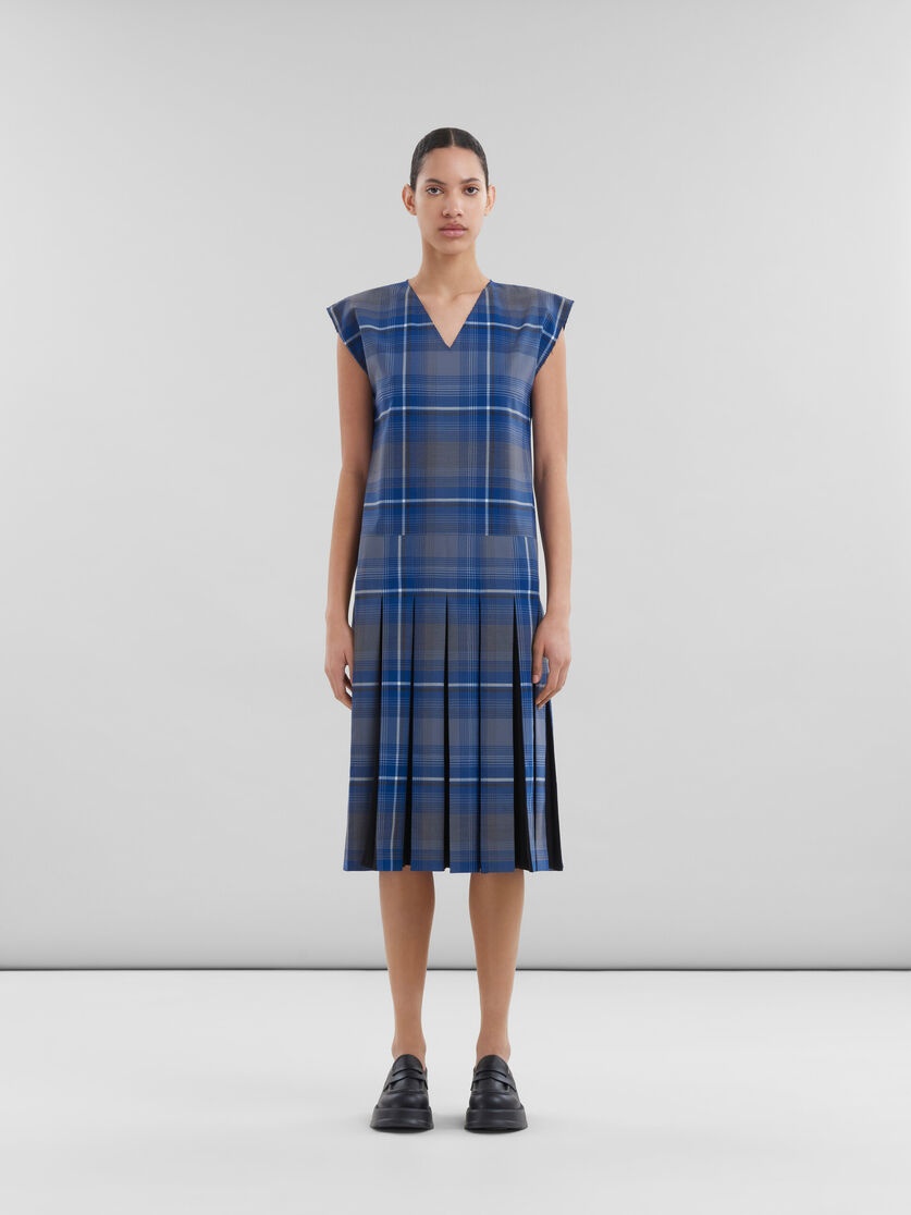 BLUE CHECKED WOOL BLEND DRESS WITH CONTRAST PLEATS - 2