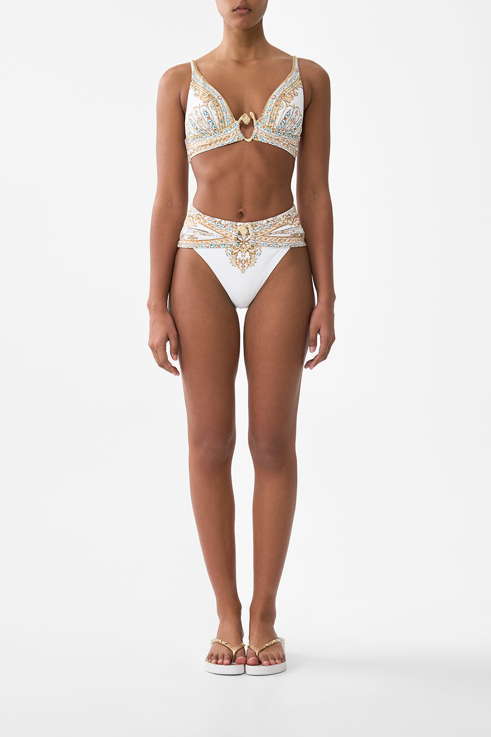 HIGH WAIST BIKINI BOTTOM WITH PLEAT WAIST TRIM - 2
