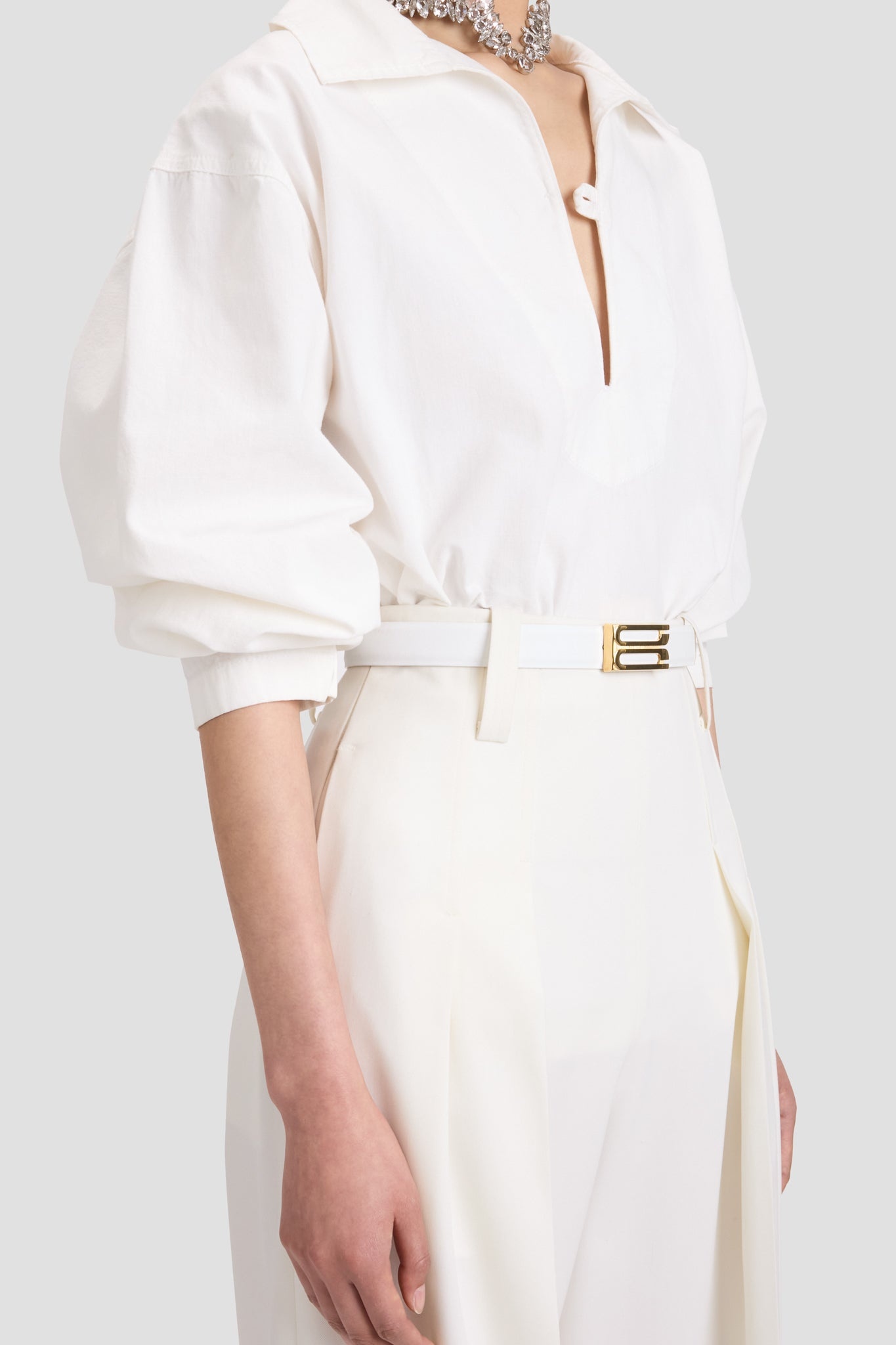 Tab Detail Denim Top In Washed White - 4