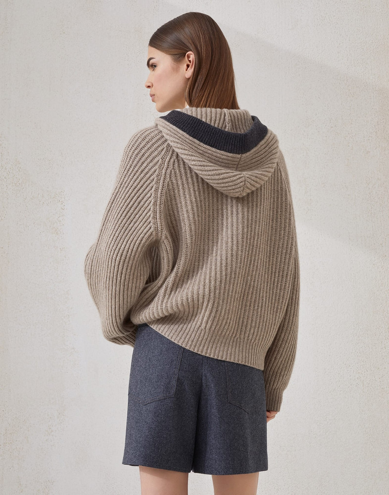 Brunello Cucinelli English rib hooded cardigan in cashmere Feather yarn with metal buttons outlook