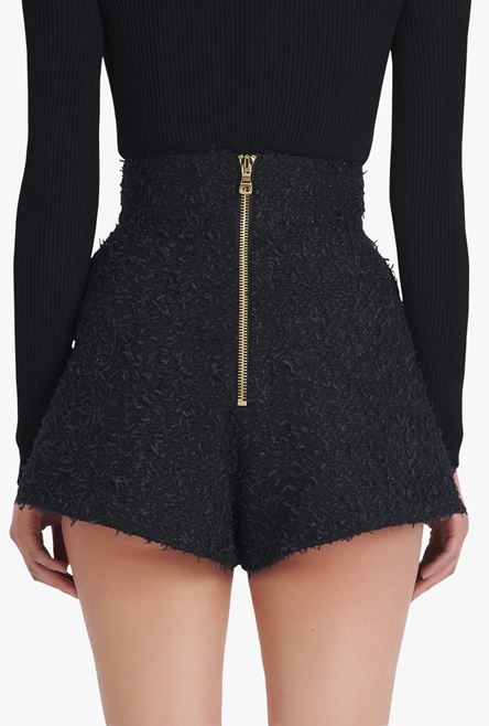 High-waisted black tweed shorts - 8