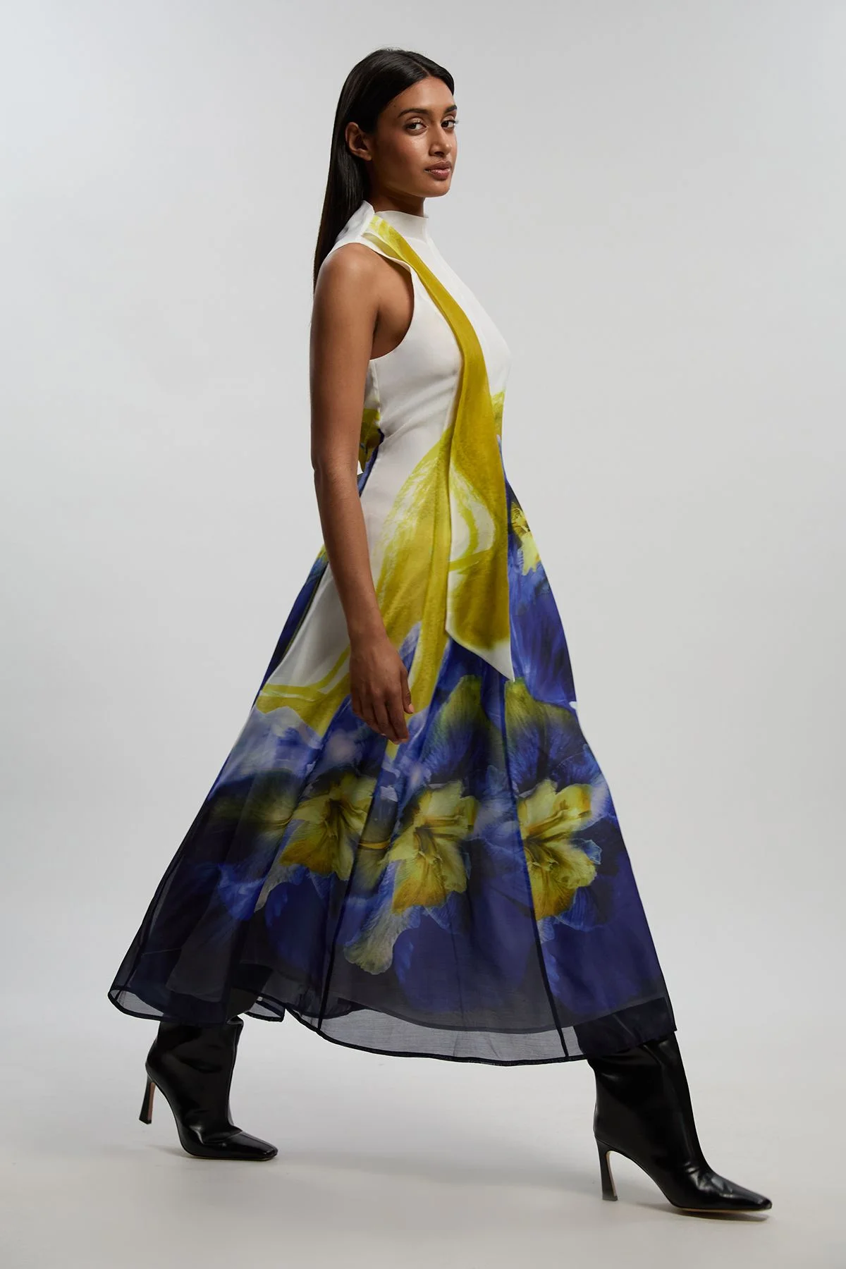 Photographic Floral Organza Scarf Detail Woven Maxi Dress - 1