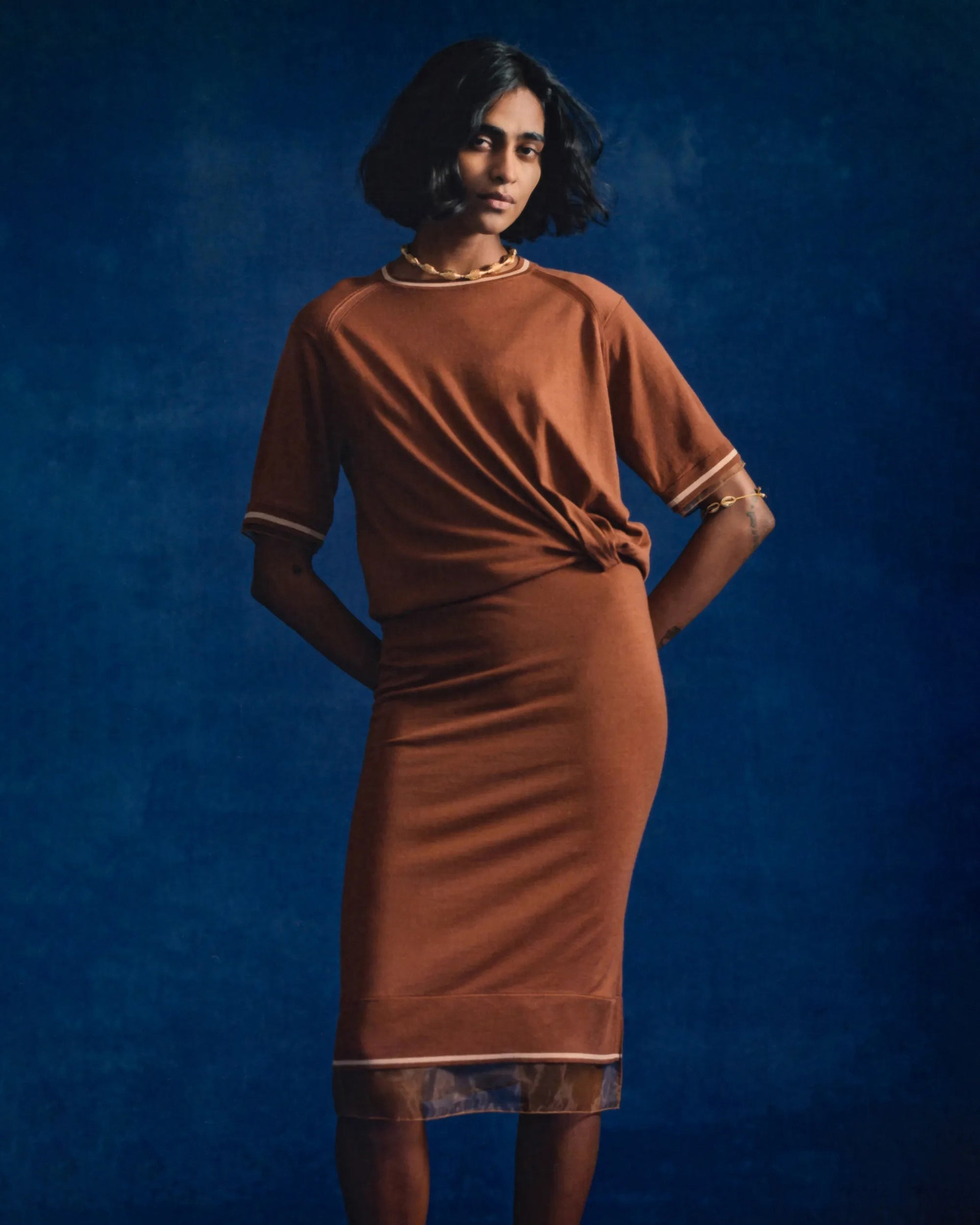 Organza Trimmed Gathered Wool Sweater Dress - 2