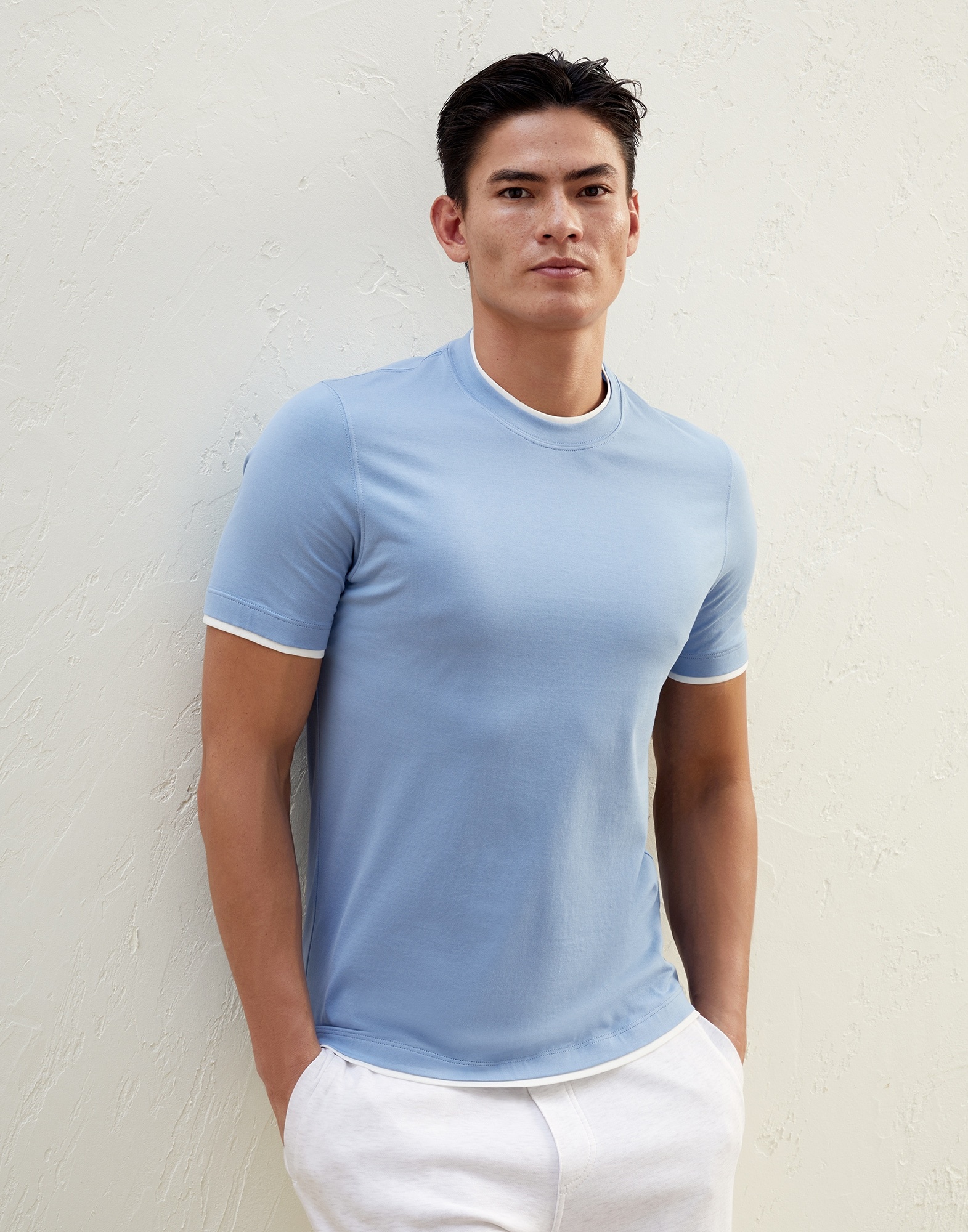 Cotton jersey round neck slim fit T-shirt with faux-layering - 1