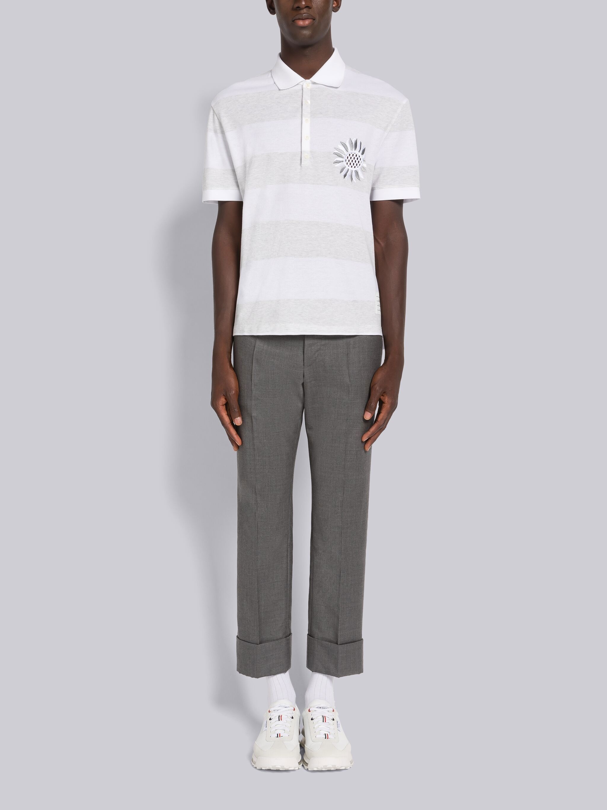 RUGBY STRIPE PIQUE FLOWER EMBROIDERY OVERSIZED SHORT SLEEVE POLO - 4