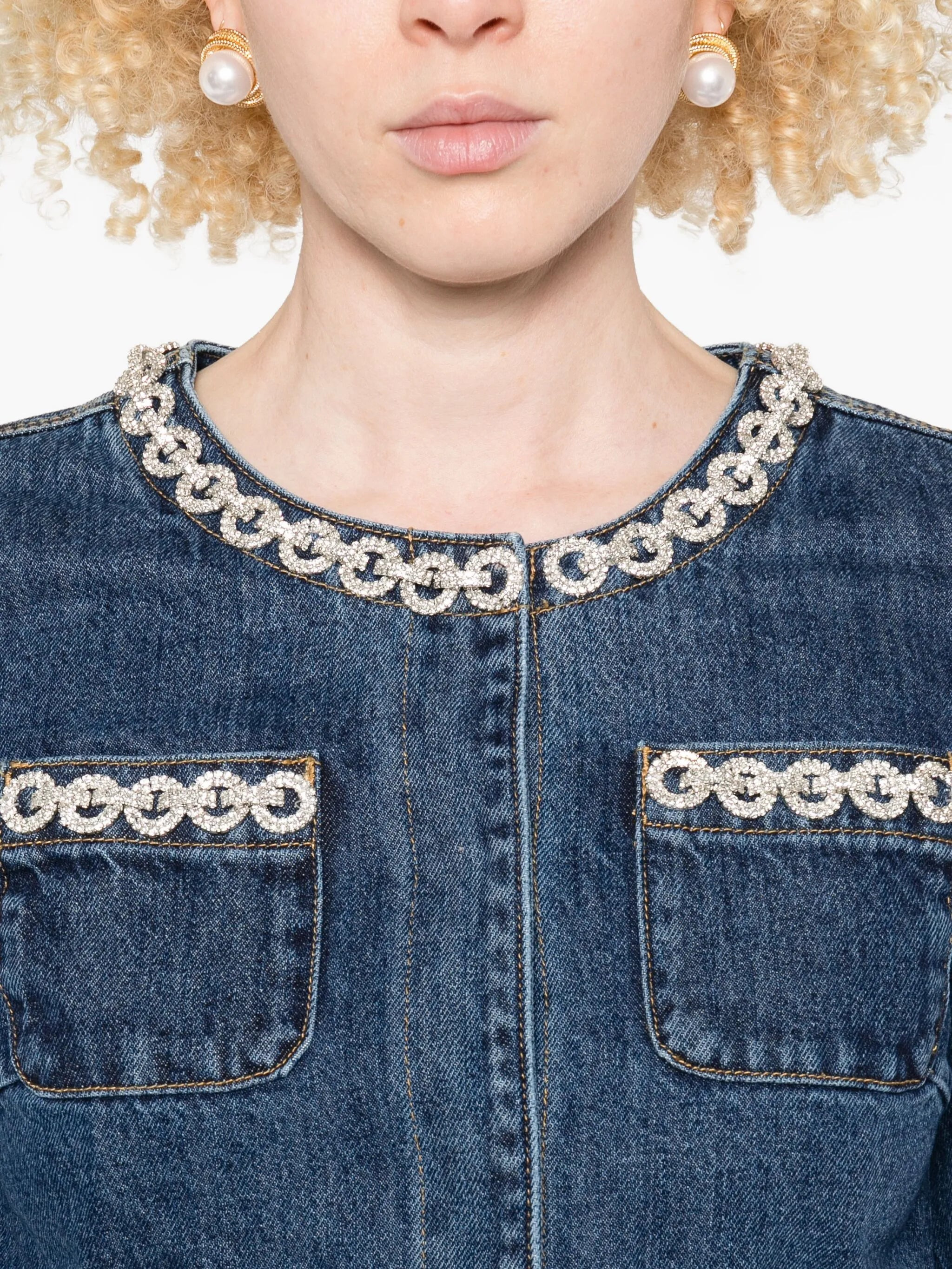 Self-portrait Embellished-pocket Denim Jacket - 3