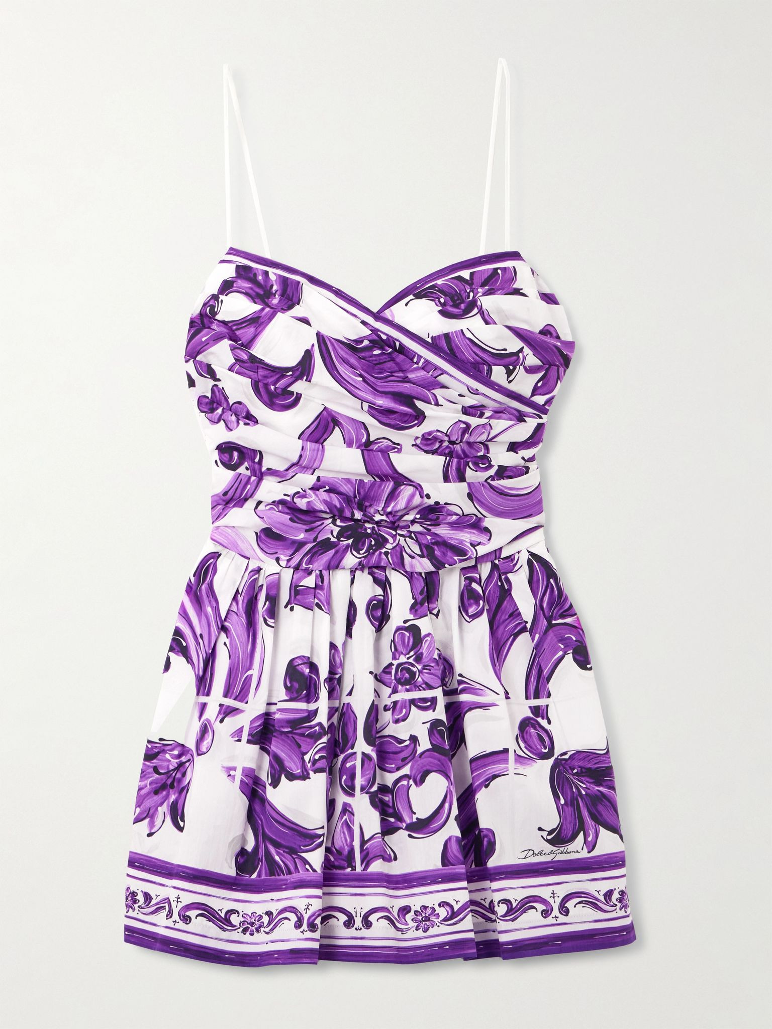 Gathered printed cotton-poplin wrap-effect mini dress Purple - 1
