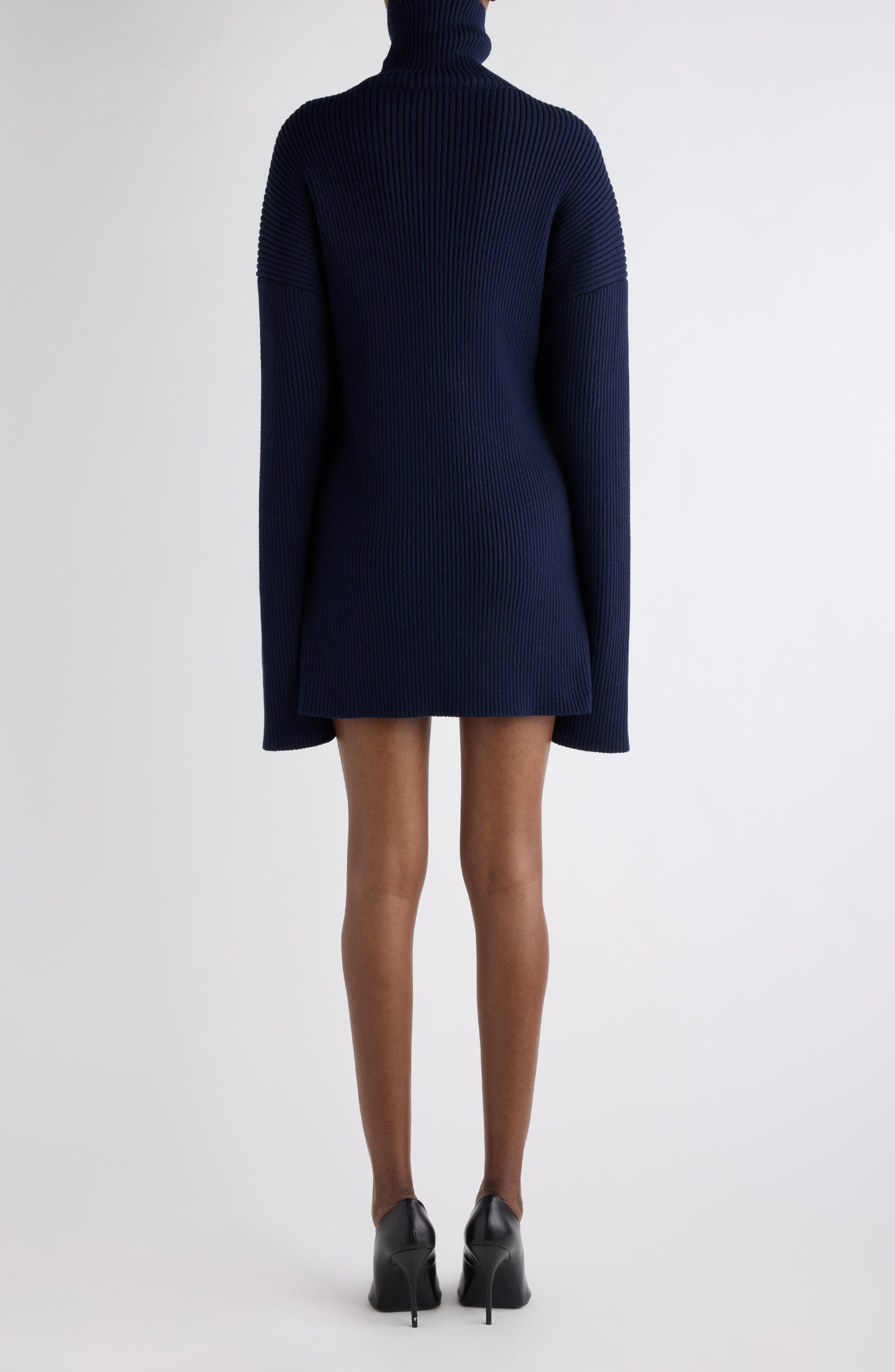 Balenciaga Pinched Long Sleeve Wool Rib Dress in 4140 Navy at Nordstrom - 3
