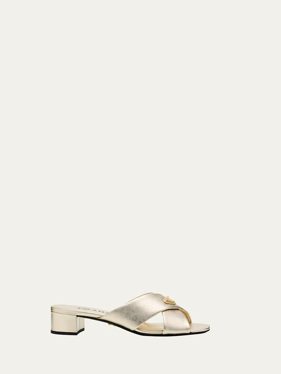 35mm Triangle Logo Metallic Leather Mule Sandals - 1
