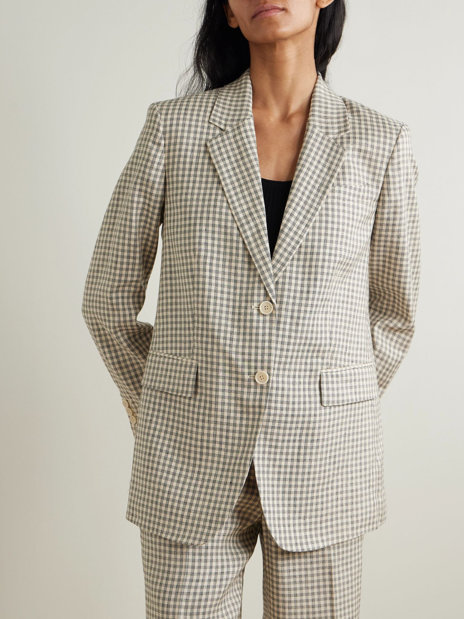 Checked linen-blend blazer Cream - 3