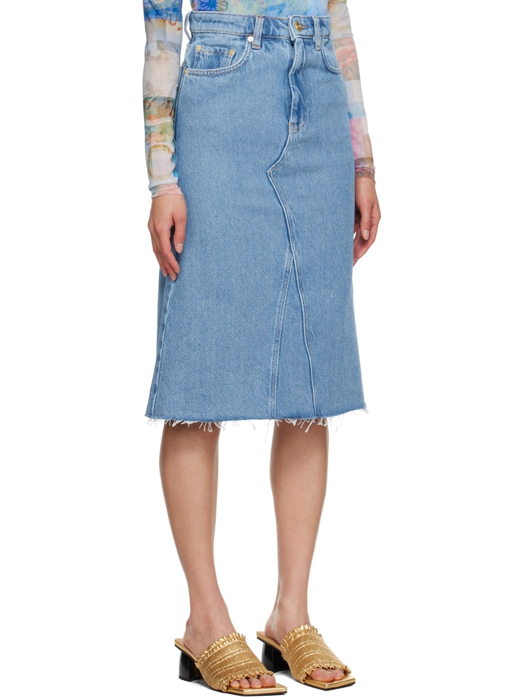 Blue Raw Edge Denim Midi Skirt - 2