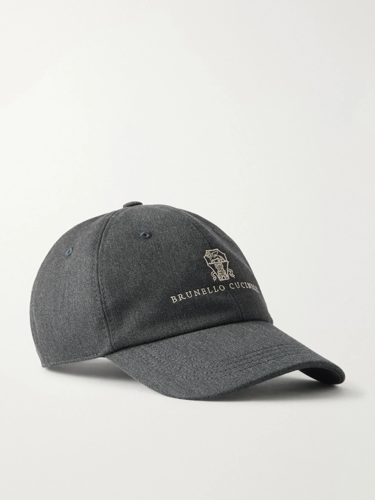 Logo-Embroidered Leather-Trimmed Cotton and Wool-Blend Twill Baseball Cap Gray - 1