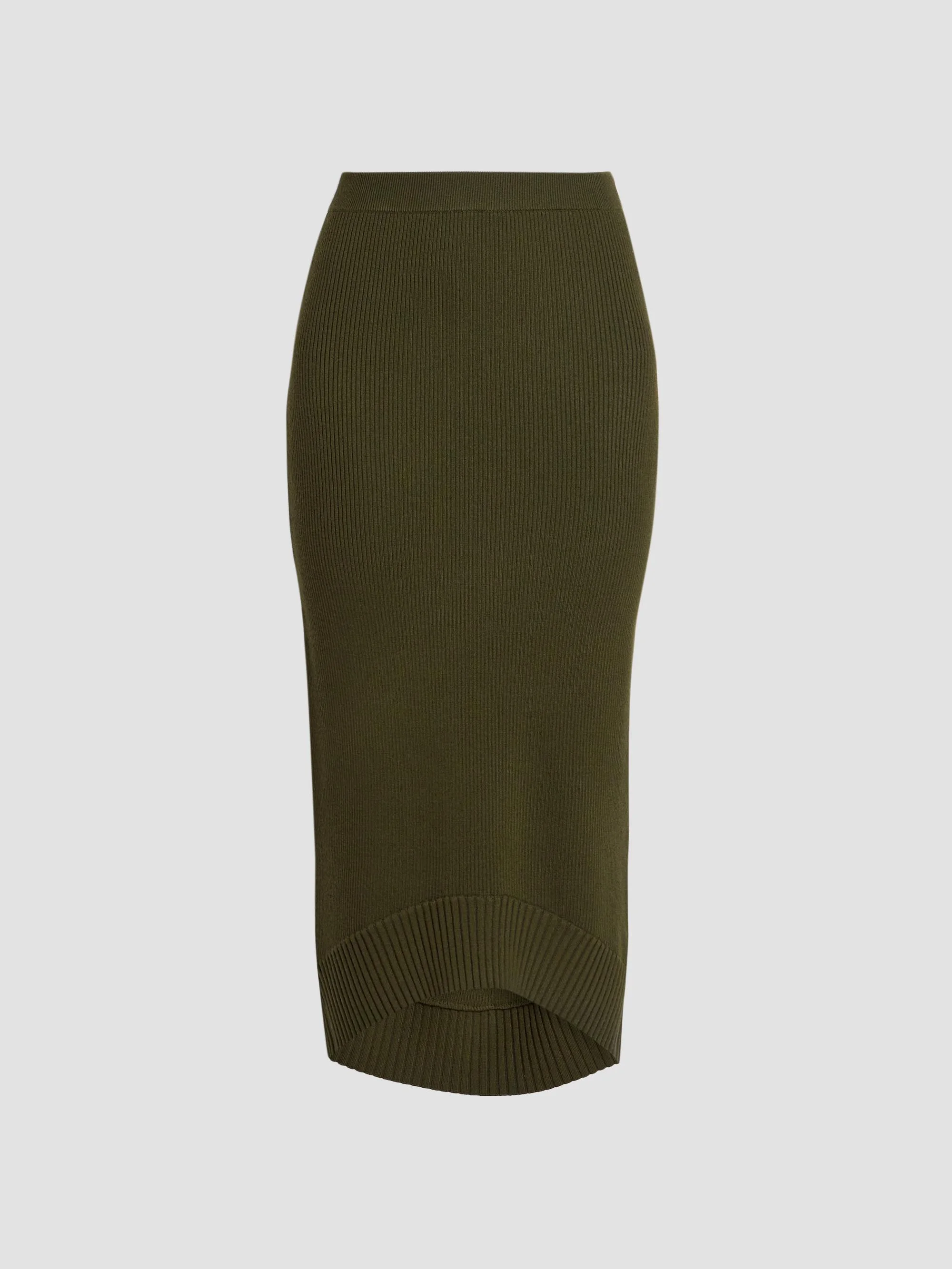 Women's Wool-Blend Ribbed High-Low Midi Skirt - Marsh Green - 1
