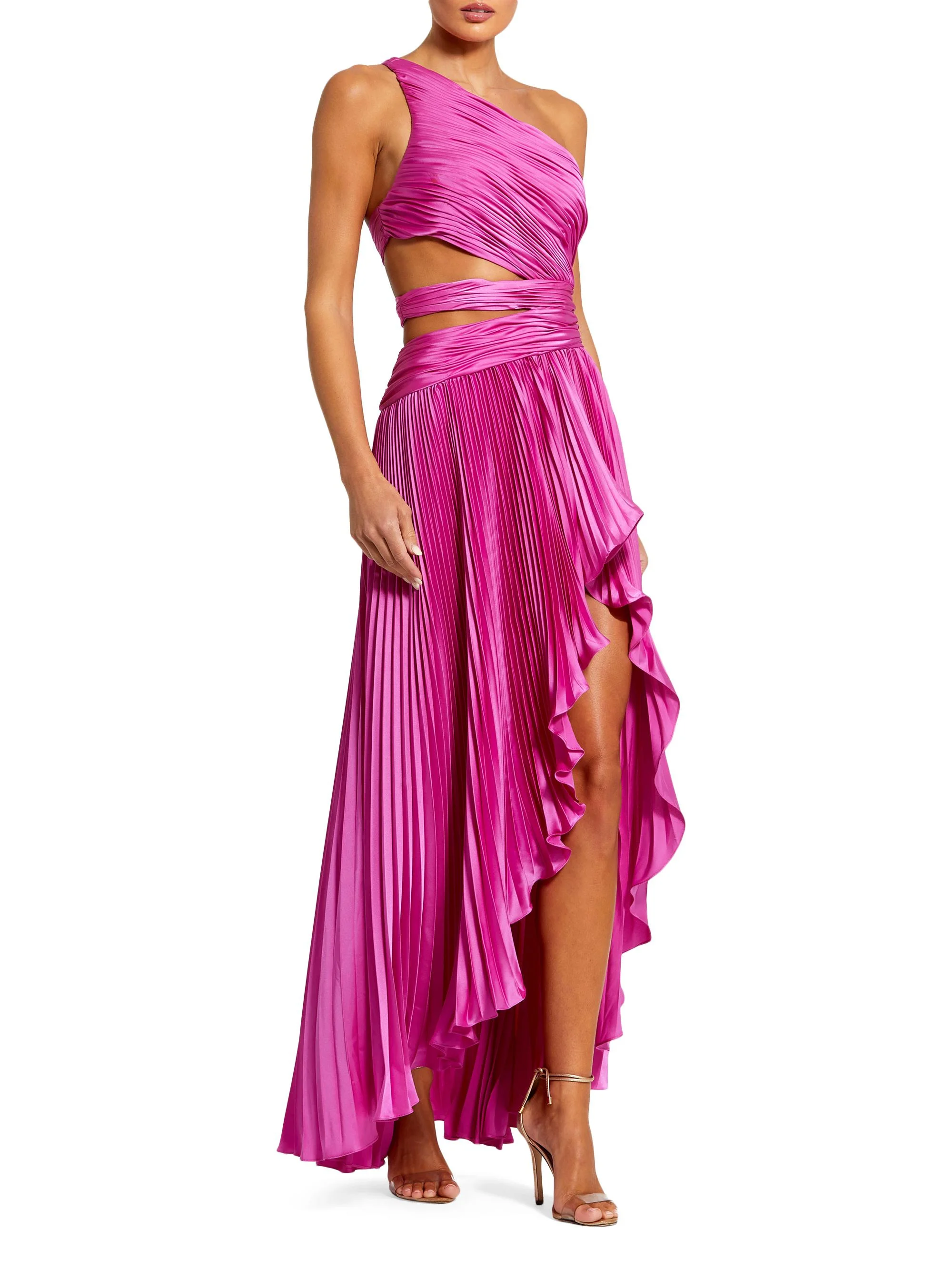 Women's One-Shoulder Pleated Asymmetrical Gown - Fuchsia - 1
