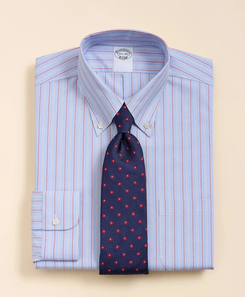 Stretch Supima® Cotton Non-Iron Broadcloth Button Down Collar Striped Dress Shirt - 1