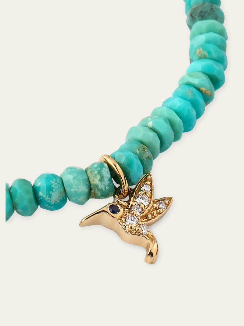 14K Yellow Gold Tiny Hummingbird Diamond Charm and Arizona Turquoise Bead Bracelet 3
