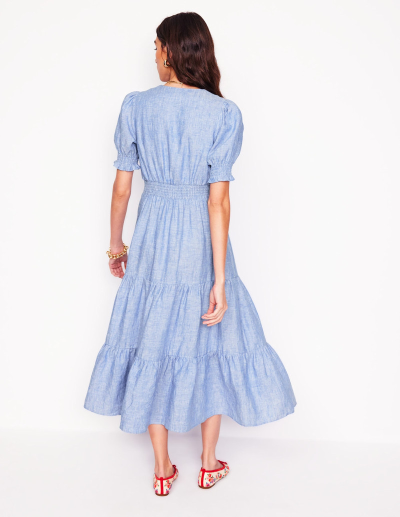 Anna Linen Tiered Midi Dress-Summer Blue Chambray 4
