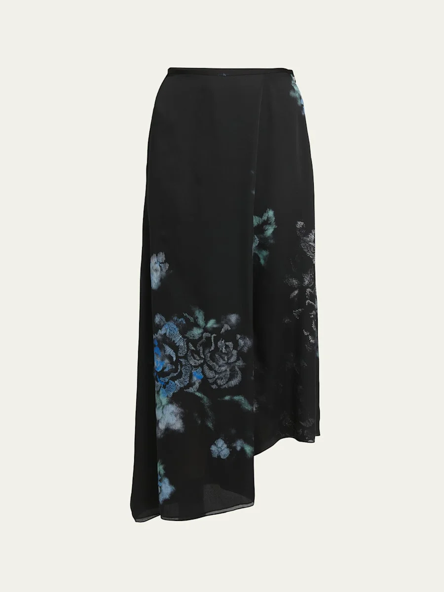 Floral Print Silk Wrap-Effect Midi Skirt - 1
