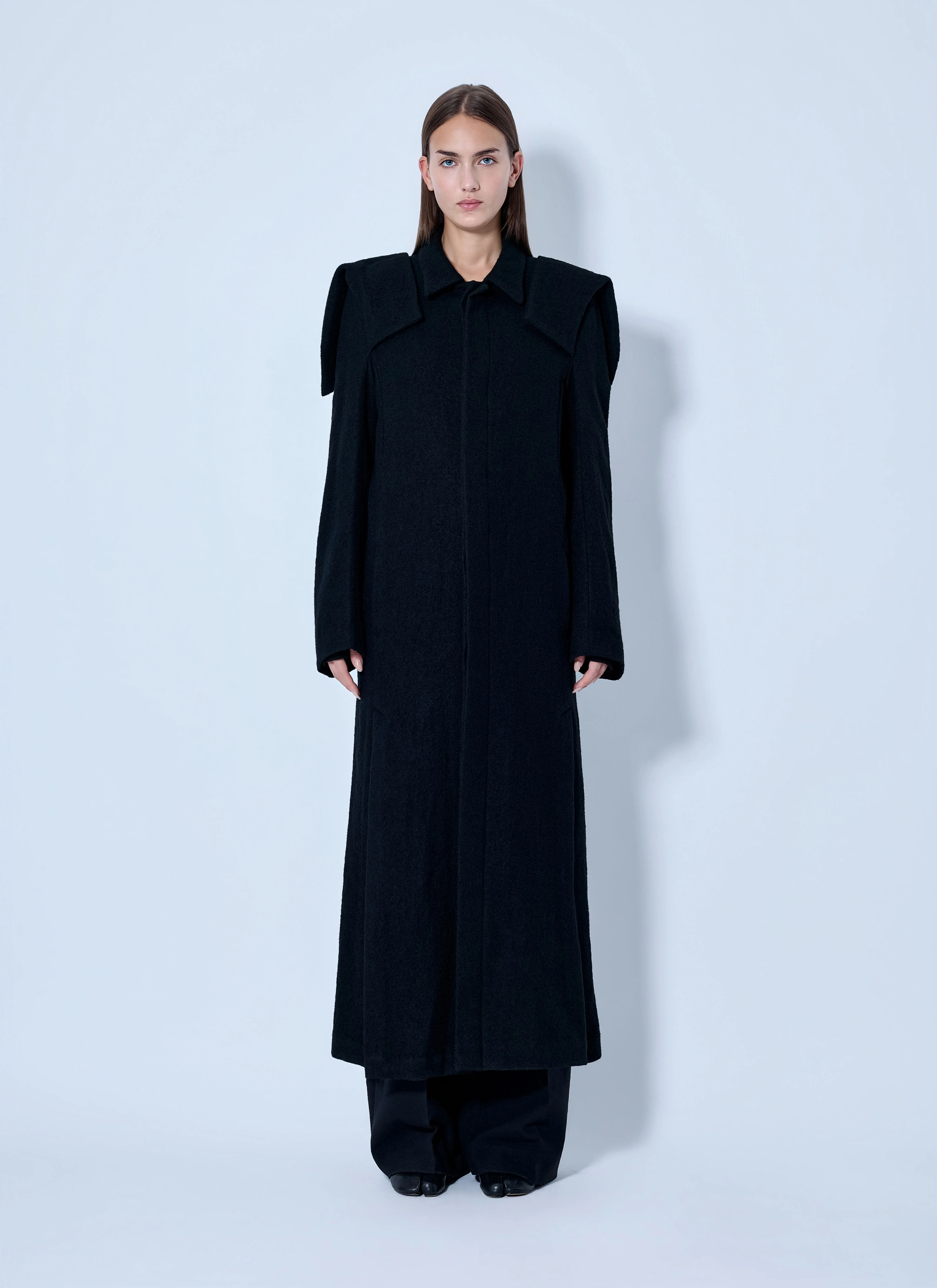 Shrink Serge Paneled Shoulder Long Coat - 1