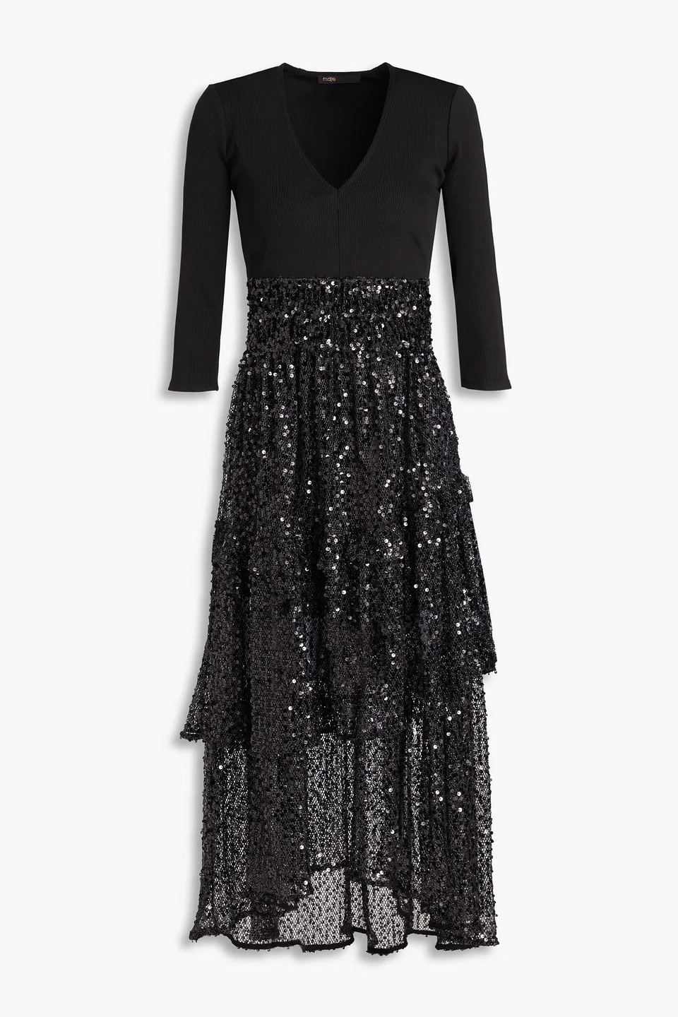 Sequined tiered open-knit and stretch-jersey midi dress - 1