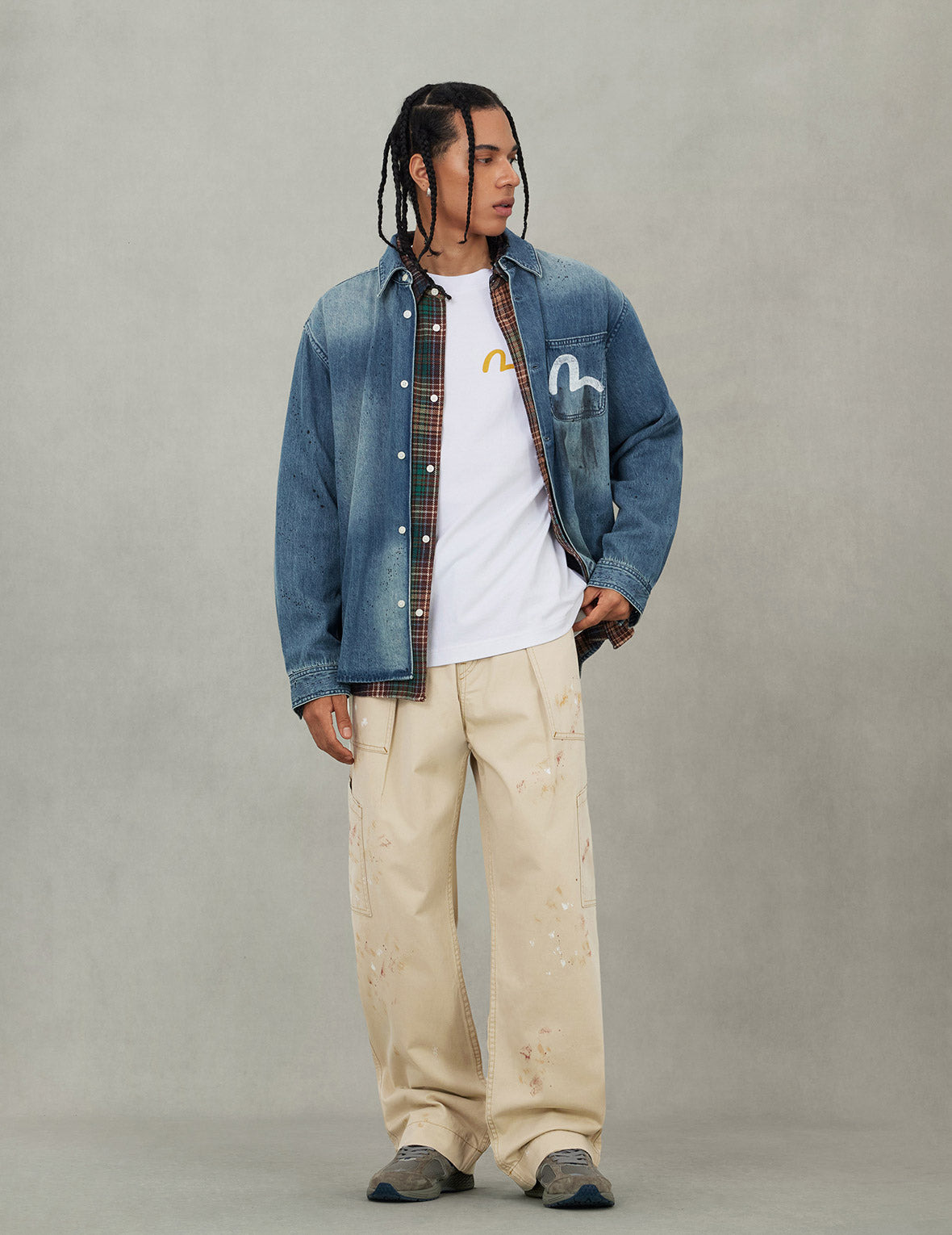 Splash Ink Seagull Print Regular Fit Denim Shirt - 5