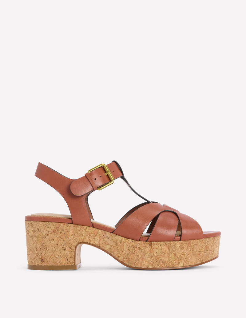 T-bar Wedge Sandals-Tan 1