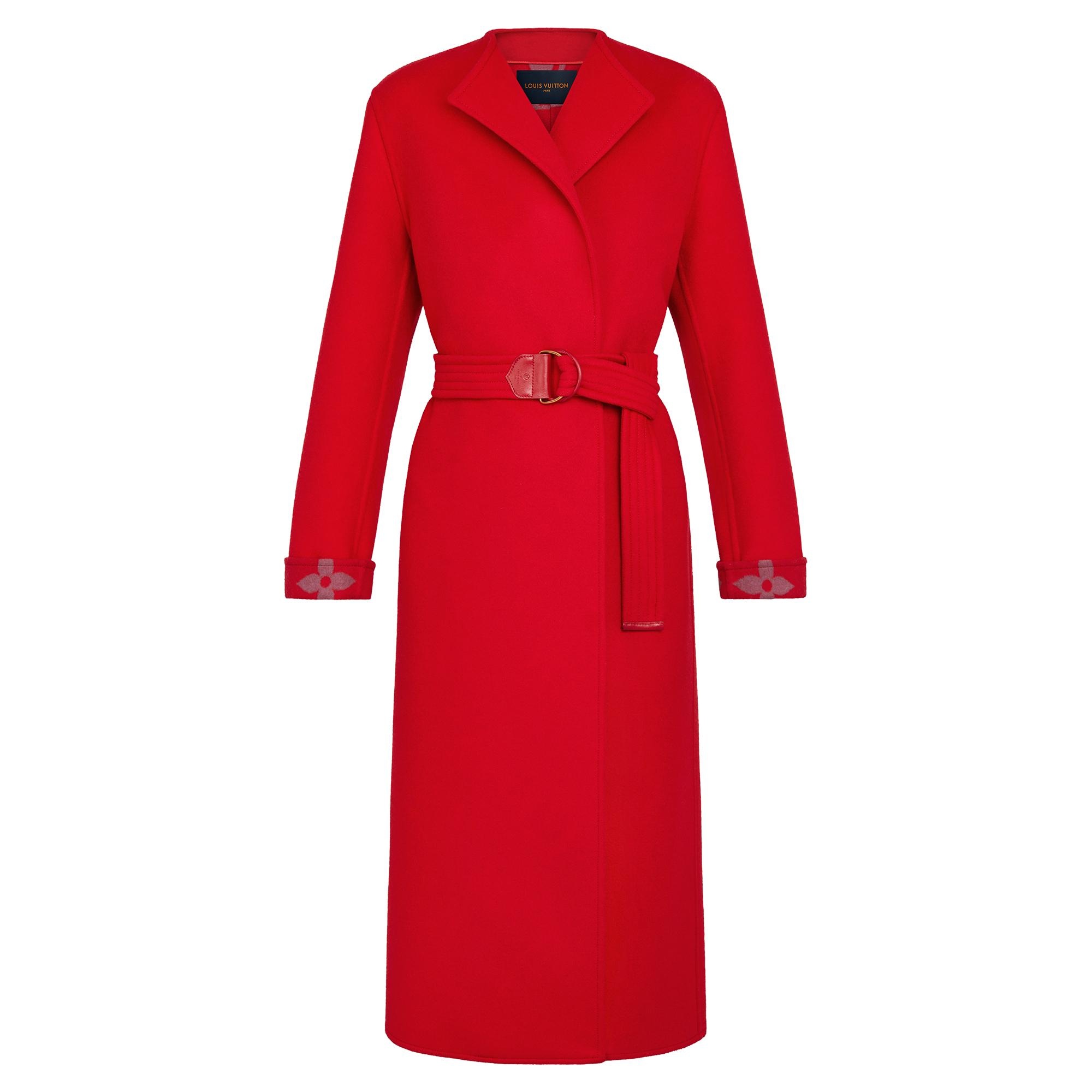 Collarless Red Wool Wrap Coat - 1