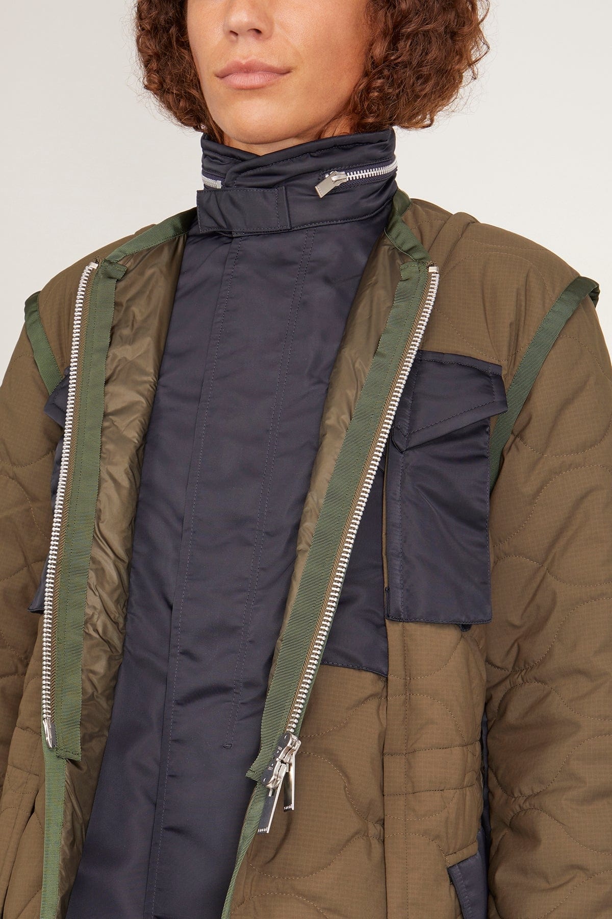 Rip Stop Quilted Coat in Khaki/Dark Navy - 5