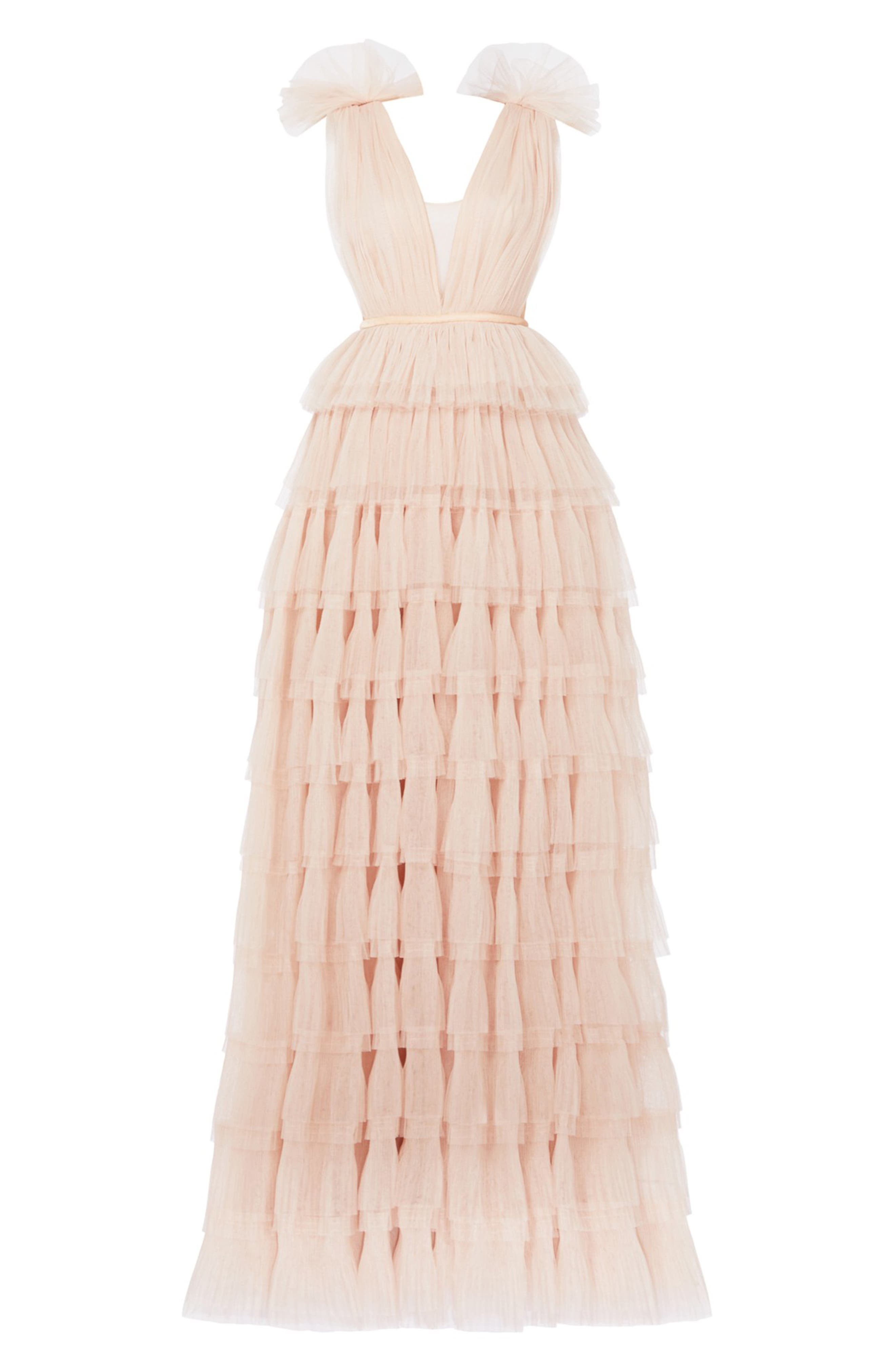 SAU LEE Sabrina Plunge Neck Tiered Tulle Gown in Nude Pink at Nordstrom - 3