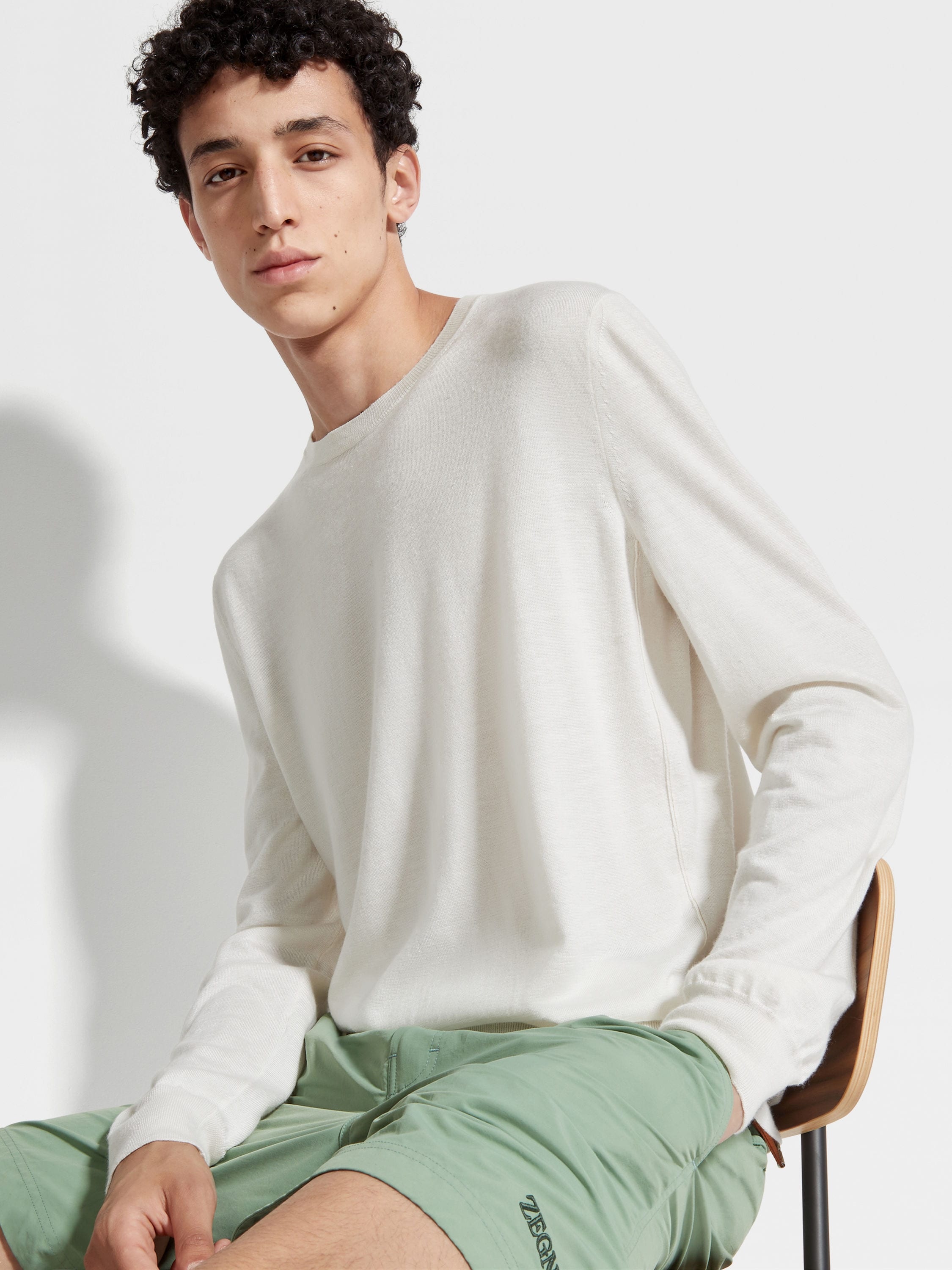 WHITE MÉLANGE SILK CASHMERE AND LINEN CREWNECK - 3