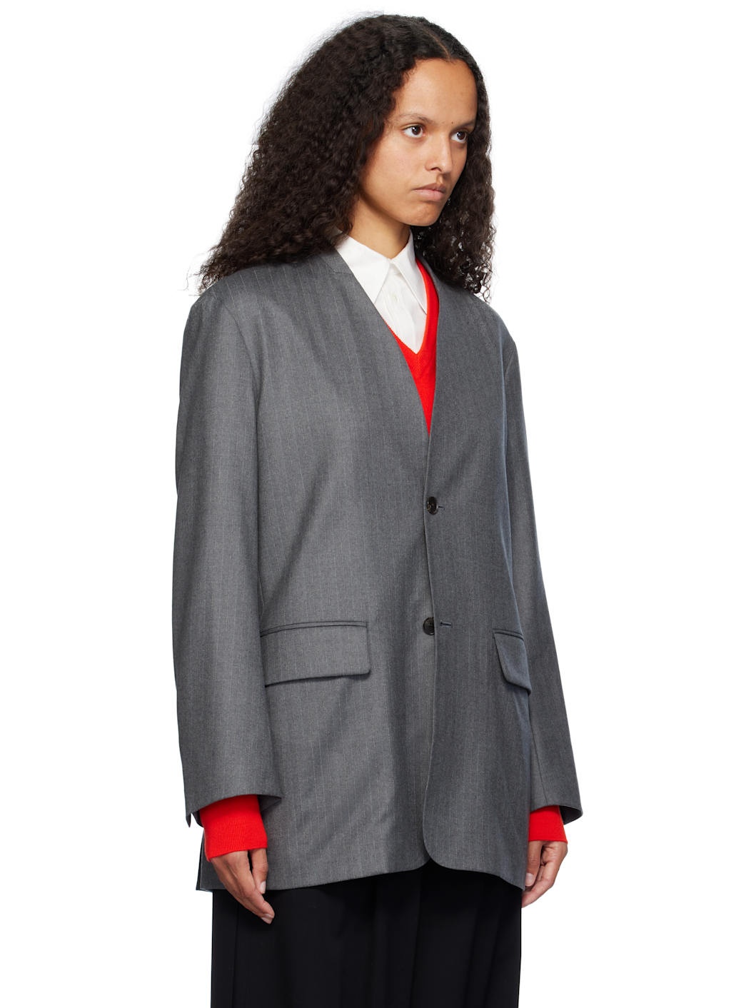 Gray Wool Fulling Flannel Stripe Blazer - 2