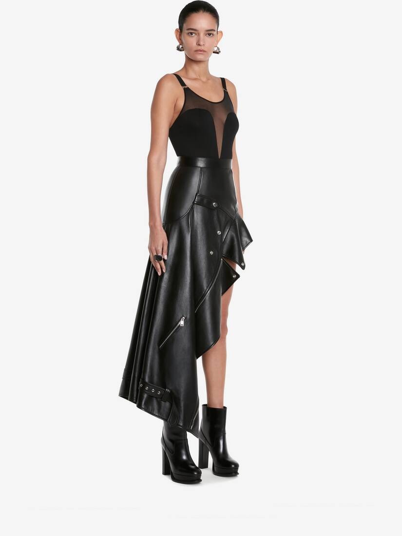 Women's Asymmetric Drape Biker Leather Skirt in Black - 3