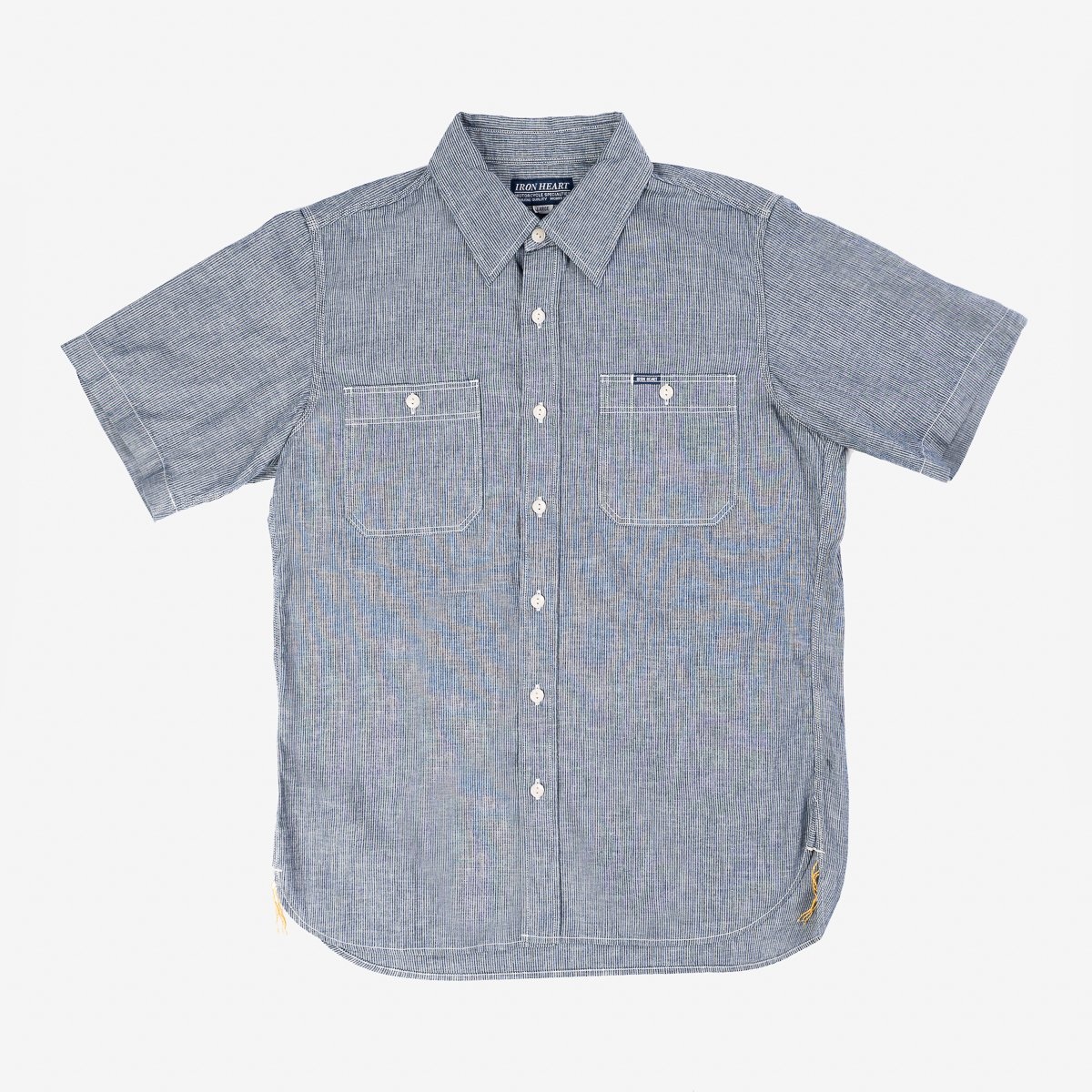 IHSH-285-PIN 5.5oz Selvedge Pinstripe Chambray Short Sleeve Work Shirt - Indigo - 1