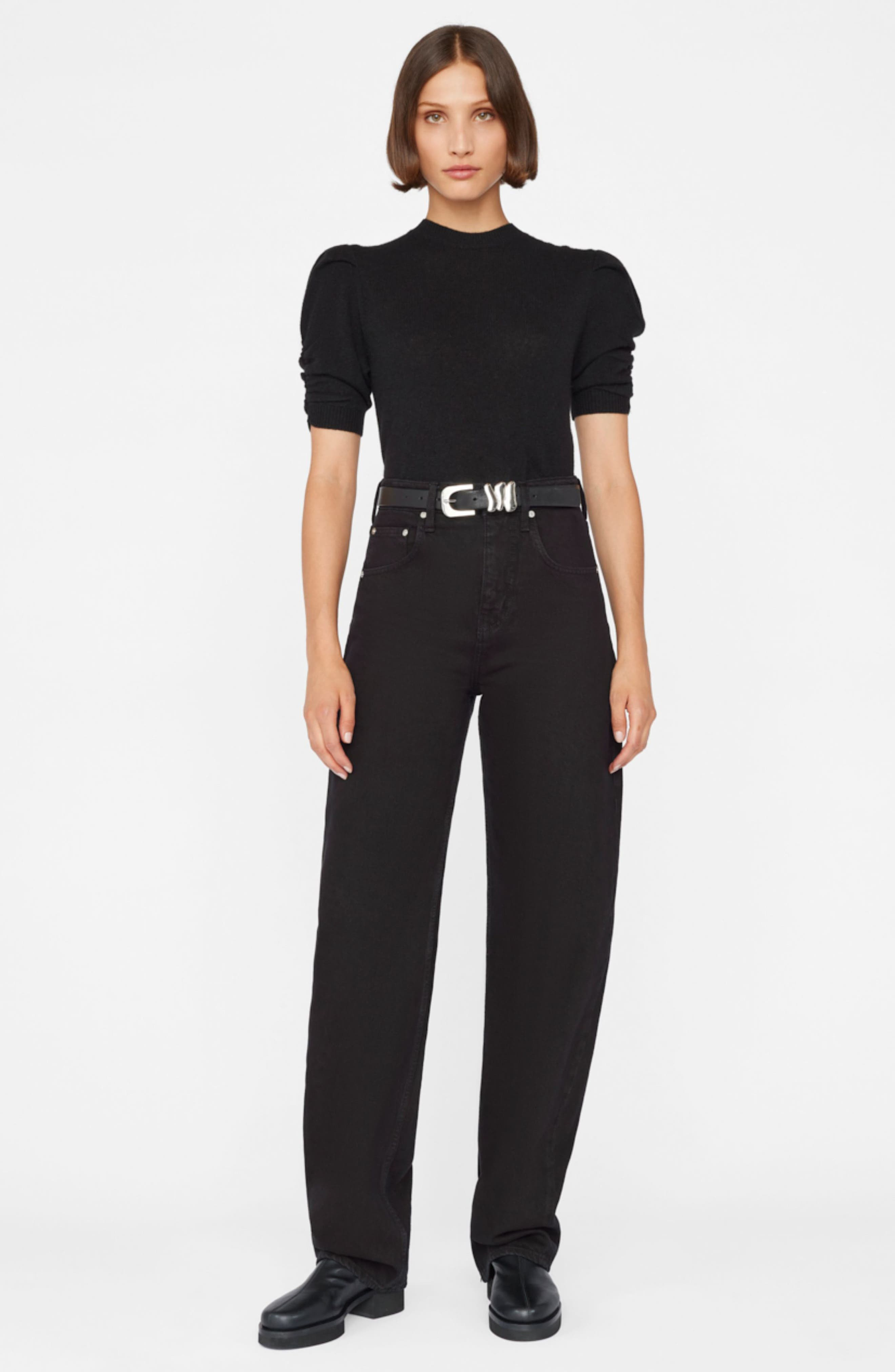 FRAME Ruched Sleeve Recycled Cashmere & Wool Sweater in Noir at Nordstrom - 3