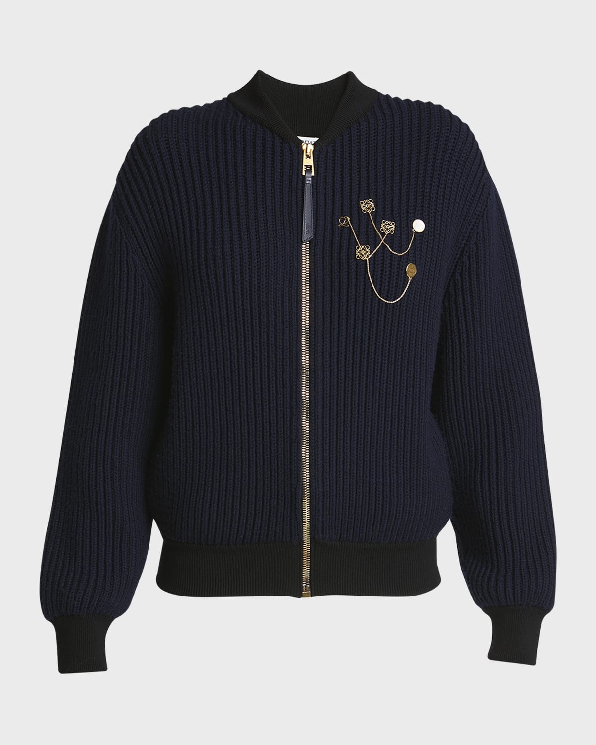 Logo Pin Ribbed Zip Wool Cardigan - 1