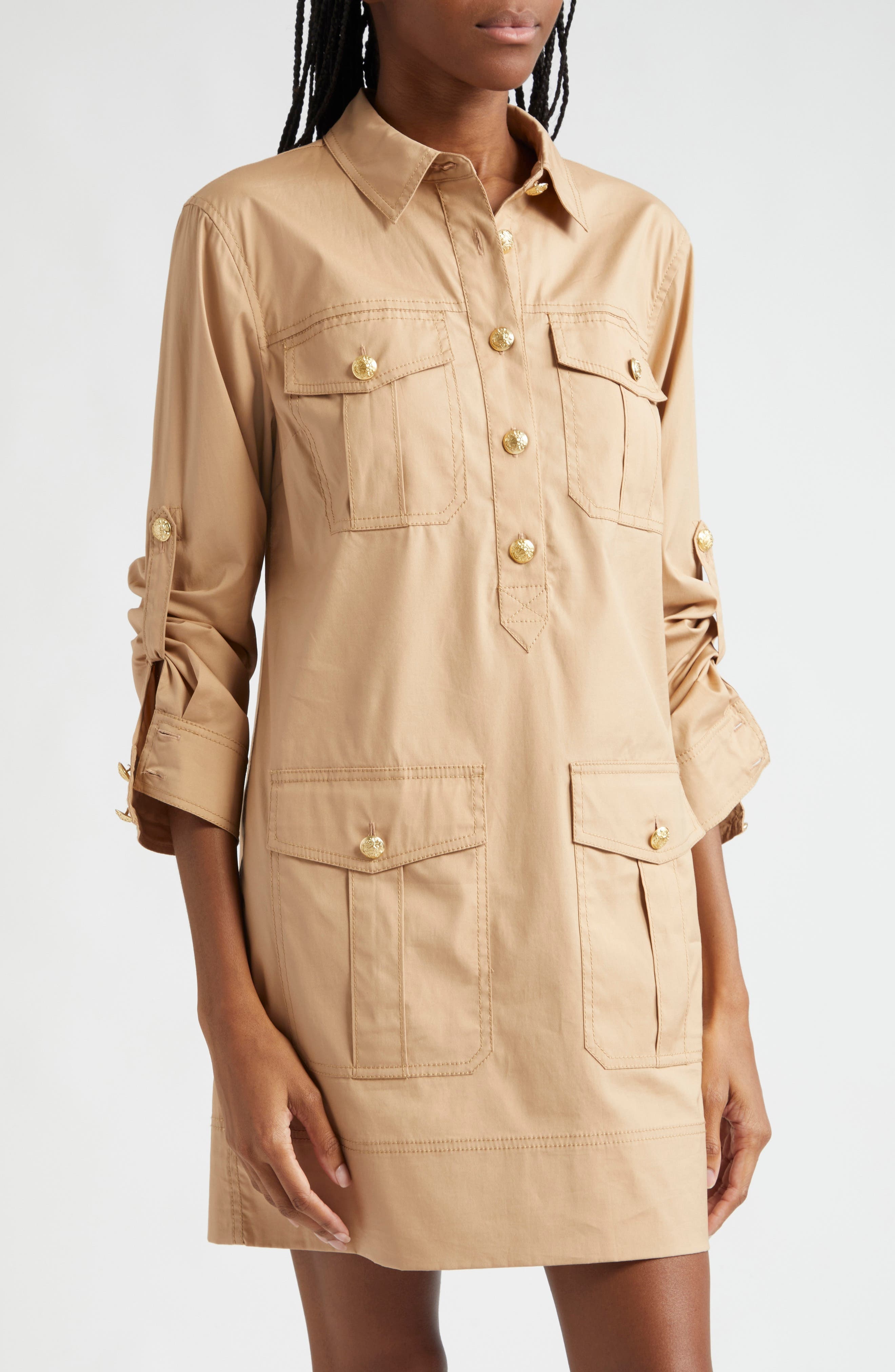 Veronica Beard Saude Long Sleeve Stretch Cotton Dress in Khaki at Nordstrom - 3