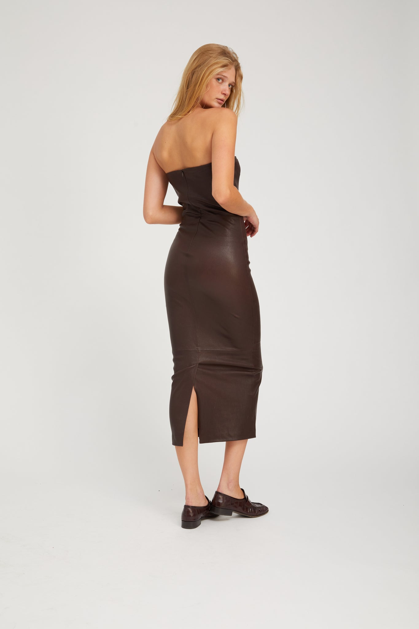 DARK CHOCOLATE LEATHER TUBE DRESS - 4