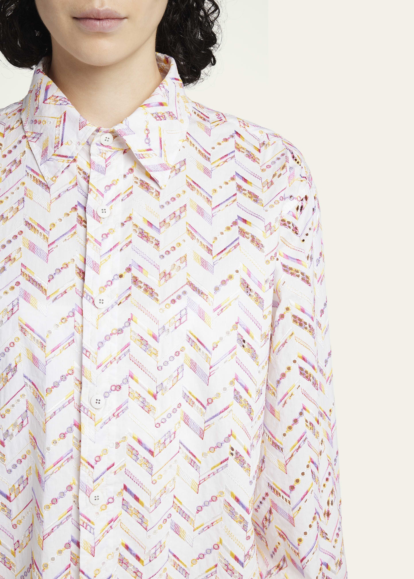 Chevron Broderie Anglaise Long-Sleeve Collared Shirt - 5
