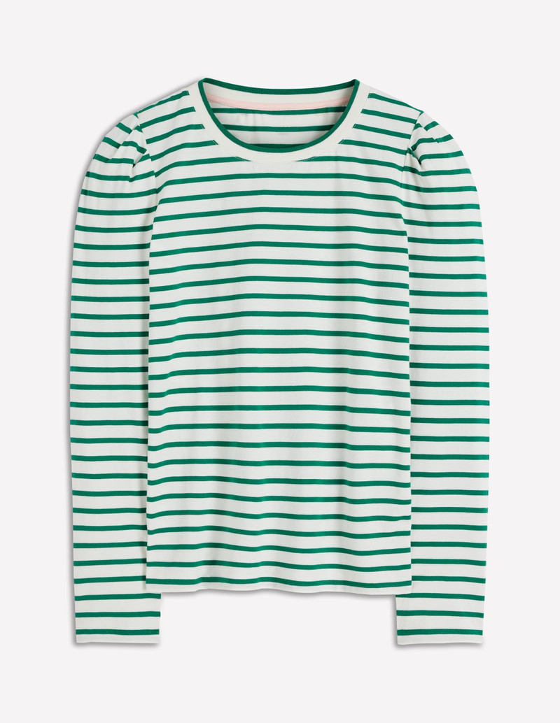 Pleat Sleeve Stripe Top-Jewel Green and Ivory Stripe 1
