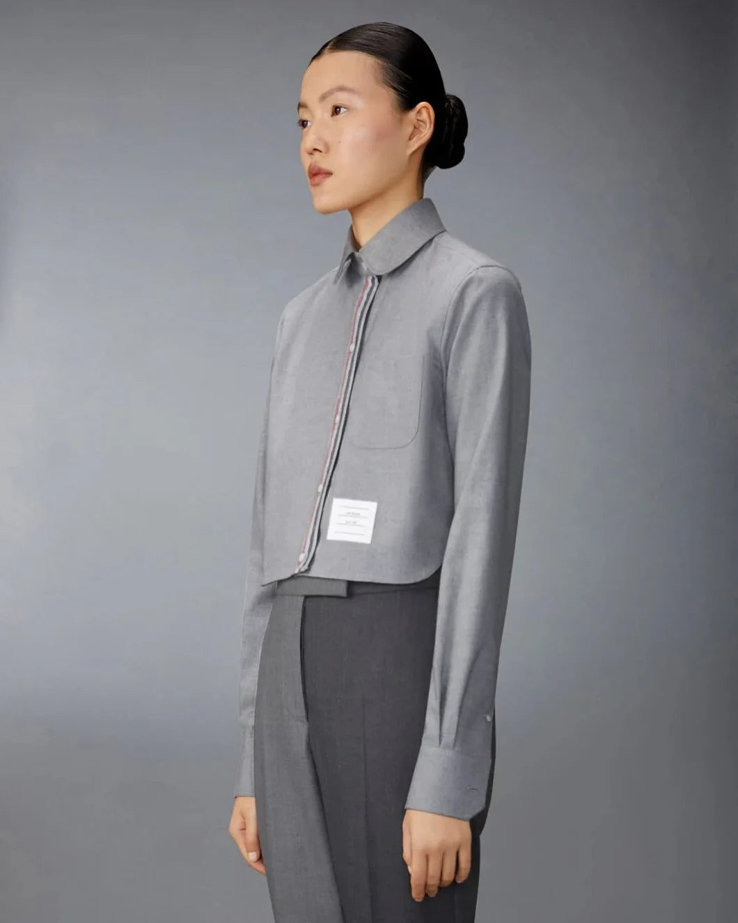 STRIPE COTTON FLANNEL CLASSIC CROPPED ROUND COLLAR SHIRT - 3