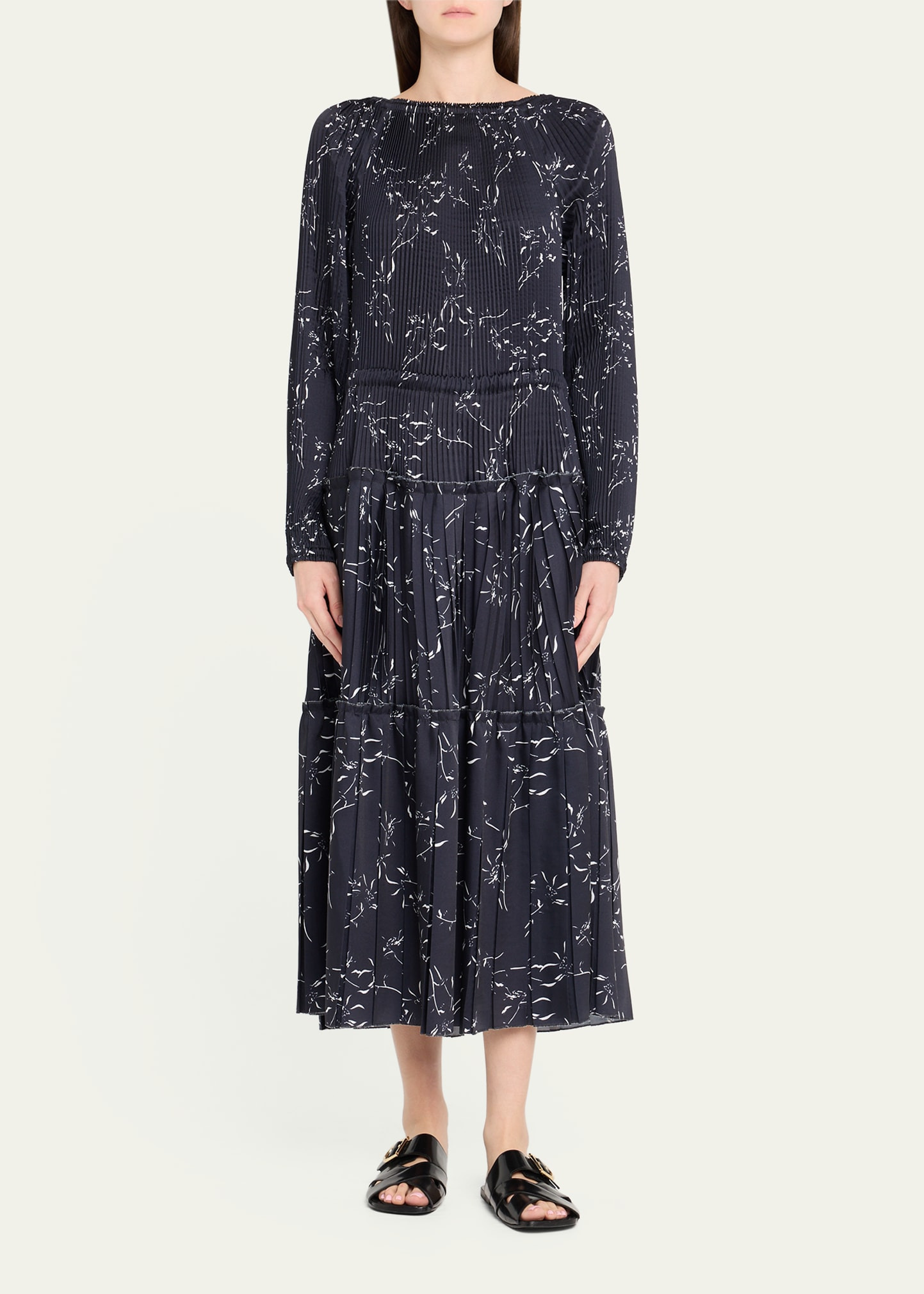 Pleated Long-Sleeve Midi Dress - 2